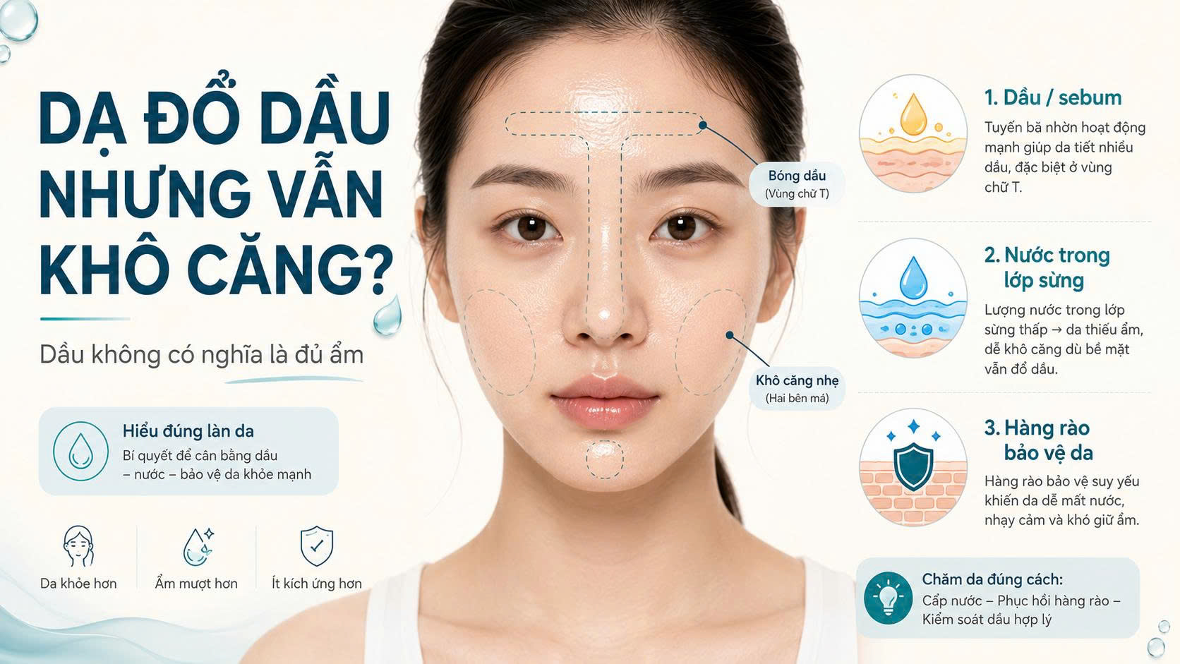 Da đổ dầu nhưng vẫn khô căng, minh họa vùng chữ T bóng dầu, hai má khô căng và hàng rào bảo vệ da thiếu ẩm