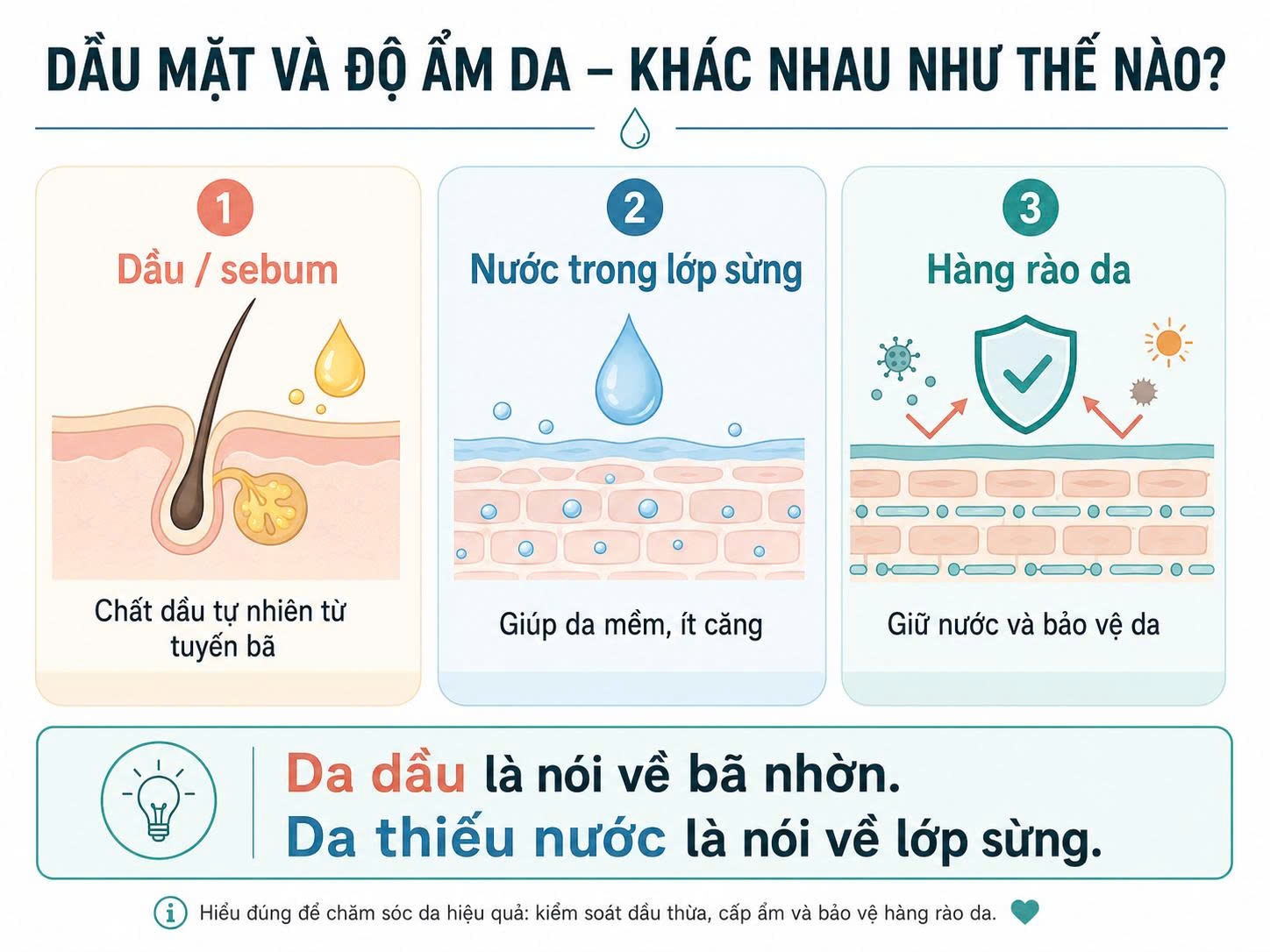 Infographic giải thích sự khác nhau giữa dầu sebum, nước trong lớp sừng và hàng rào da trong chăm sóc da dầu thiếu nước