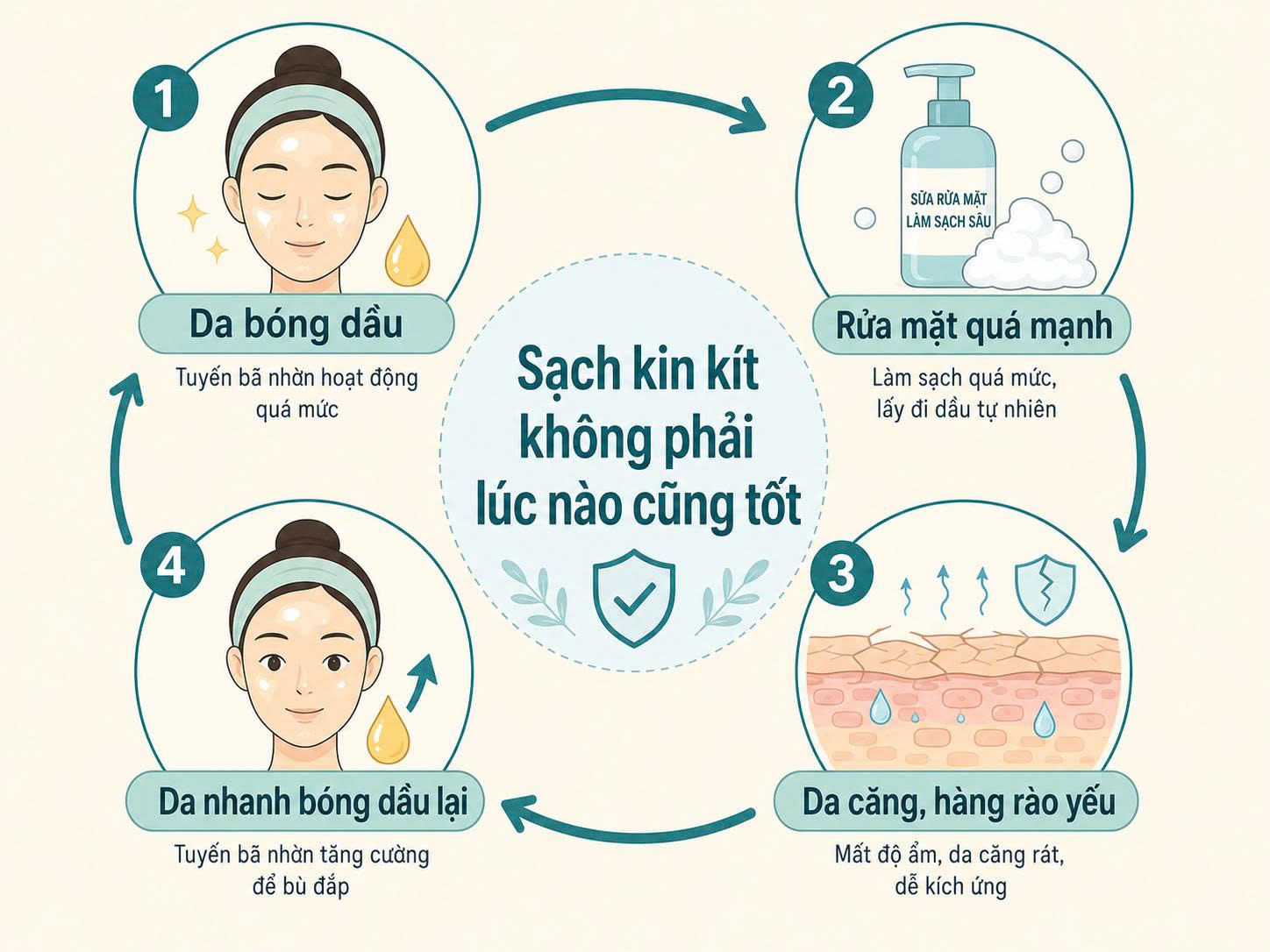 Sơ đồ vòng lặp da bóng dầu, rửa mặt quá mạnh, da căng hàng rào yếu và da nhanh bóng dầu trở lại