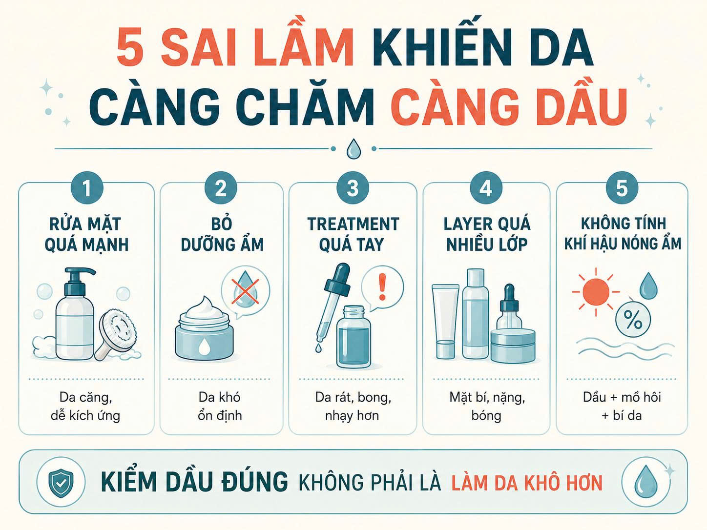 Năm sai lầm khiến da càng chăm càng dầu gồm rửa mặt quá mạnh, bỏ dưỡng ẩm, treatment quá tay, layer quá nhiều lớp và không tính đến khí hậu nóng ẩm