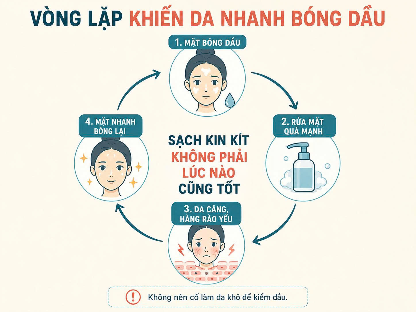 Sơ đồ vòng lặp mặt bóng dầu, rửa mặt quá mạnh, da căng hàng rào yếu và mặt nhanh bóng dầu trở lại