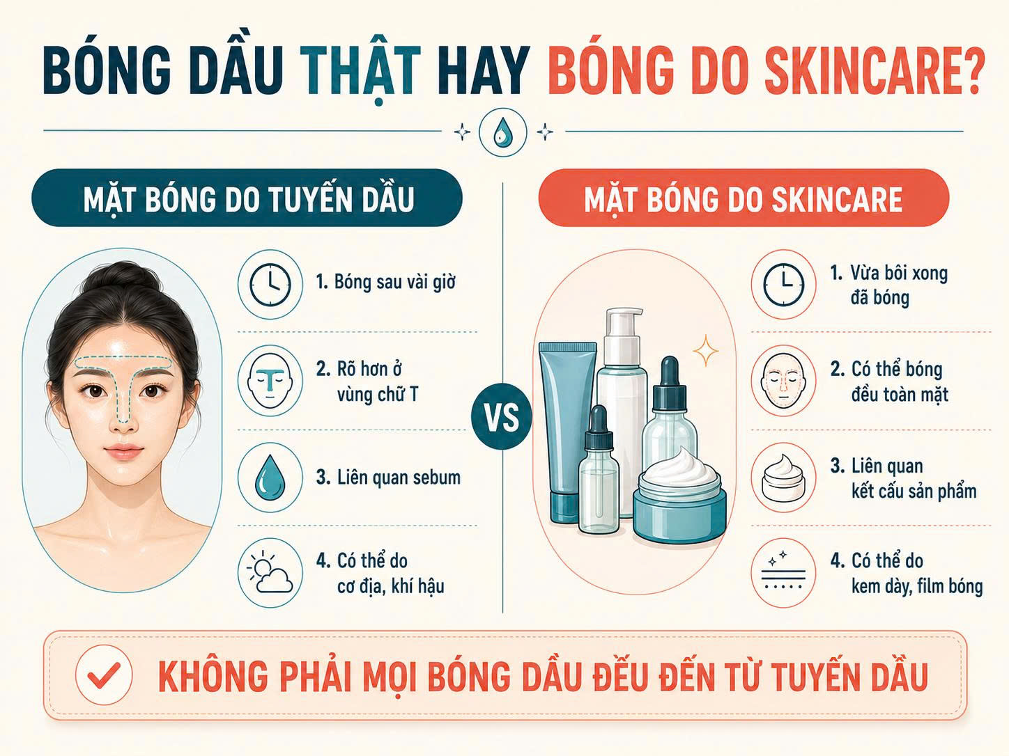 Infographic phân biệt mặt bóng do tuyến dầu và mặt bóng do skincare, sản phẩm quá dày, lớp film bóng hoặc kết cấu không phù hợp