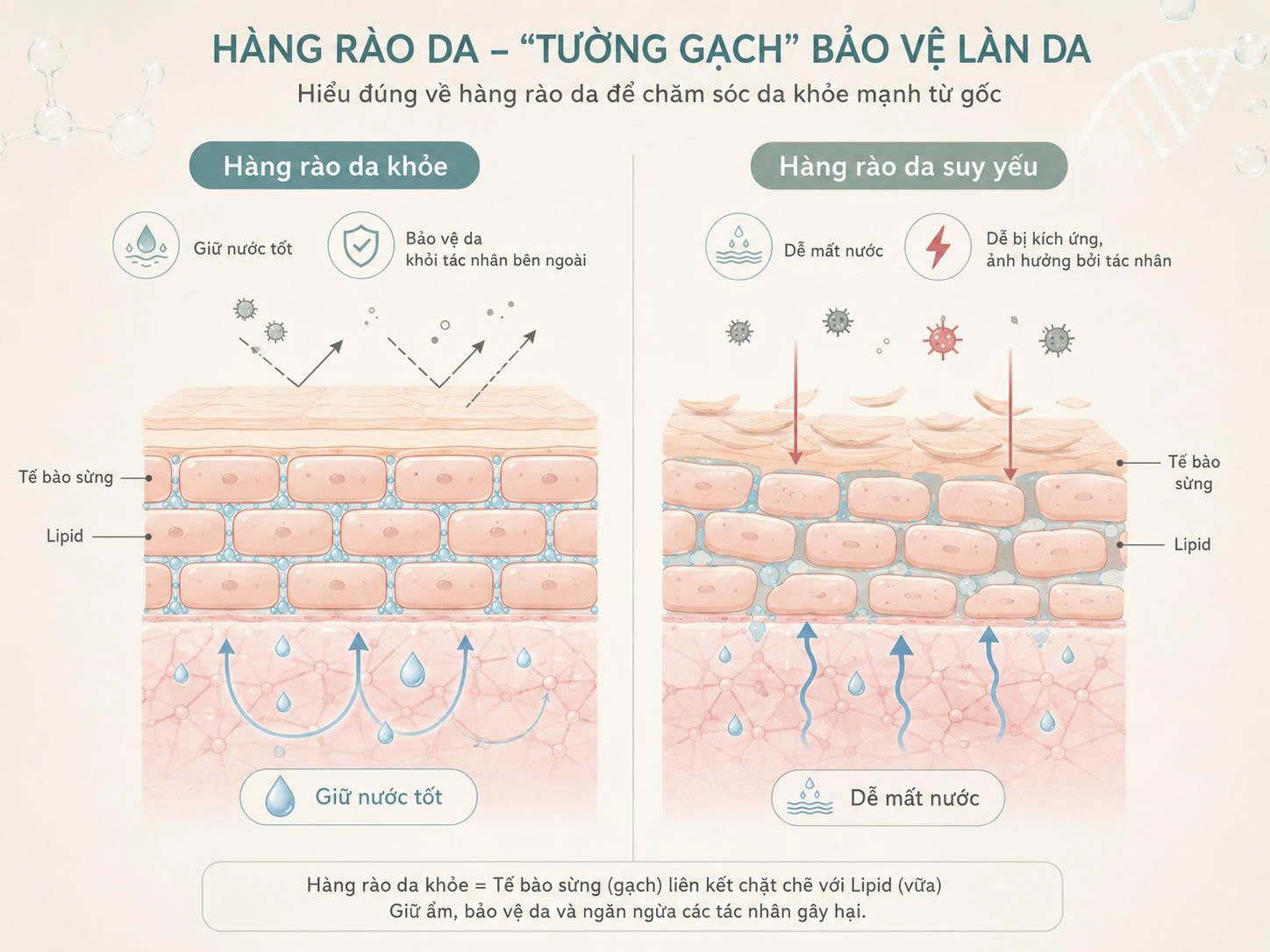 Minh họa hàng rào bảo vệ da khỏe và suy yếu theo mô hình tế bào sừng như gạch, lipid như vữa giúp giữ nước và bảo vệ da