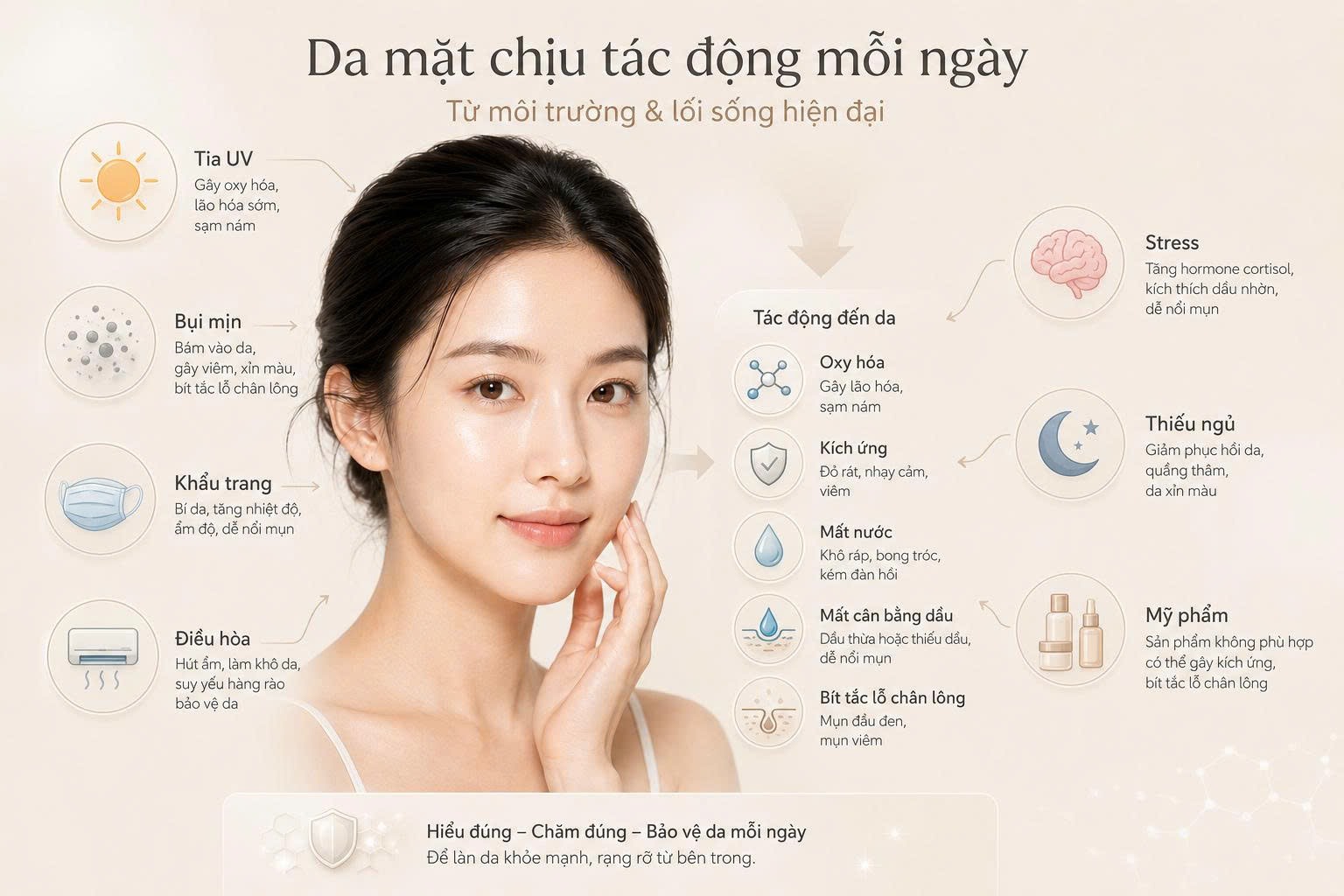 Da mặt chịu tác động hằng ngày từ tia UV, bụi mịn, khẩu trang, điều hòa, stress, thiếu ngủ và mỹ phẩm không phù hợp