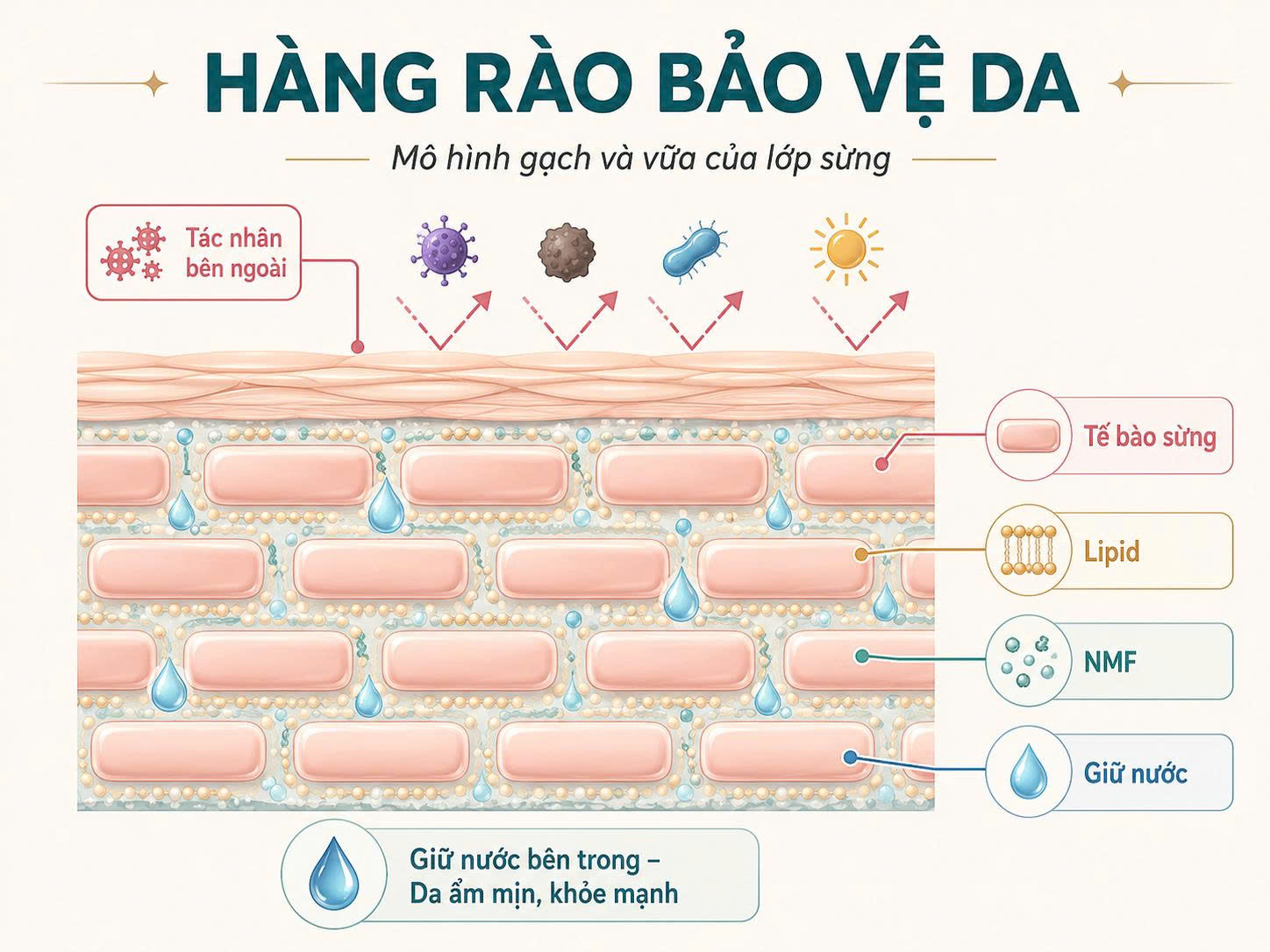 Mô hình hàng rào bảo vệ da với tế bào sừng như gạch, lipid như vữa, NMF giữ ẩm và tác nhân bên ngoài bị chặn lại