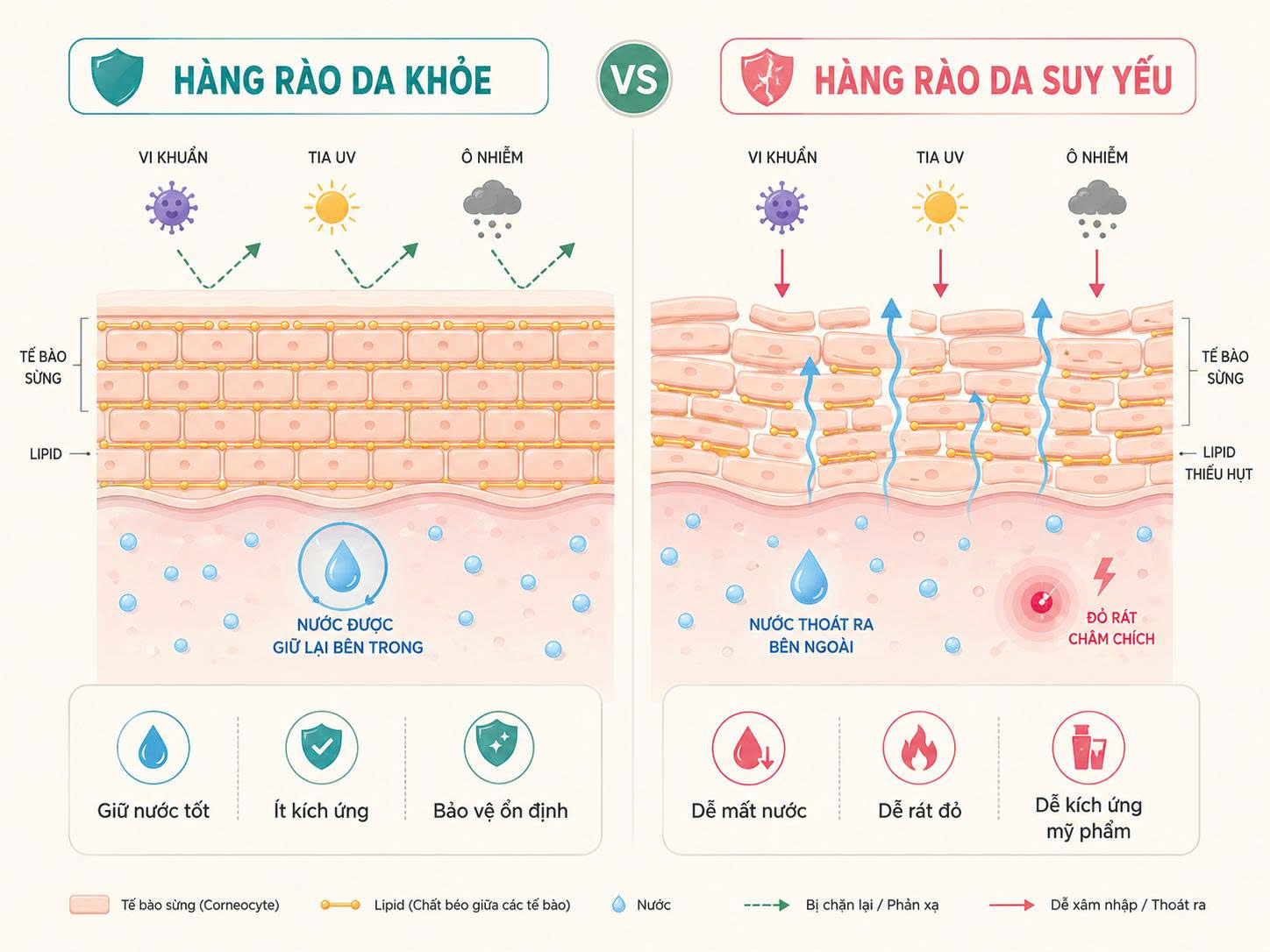 So sánh hàng rào da khỏe và hàng rào da suy yếu, cho thấy da yếu dễ mất nước, đỏ rát và kích ứng mỹ phẩm