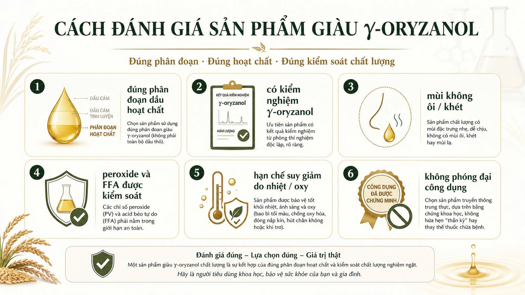 Checklist cách đánh giá sản phẩm giàu γ-oryzanol gồm đúng phân đoạn dầu hoạt chất, có kiểm nghiệm γ-oryzanol, mùi không ôi khét, peroxide và FFA được kiểm soát, hạn chế suy giảm do nhiệt oxy và không phóng đại công dụng.