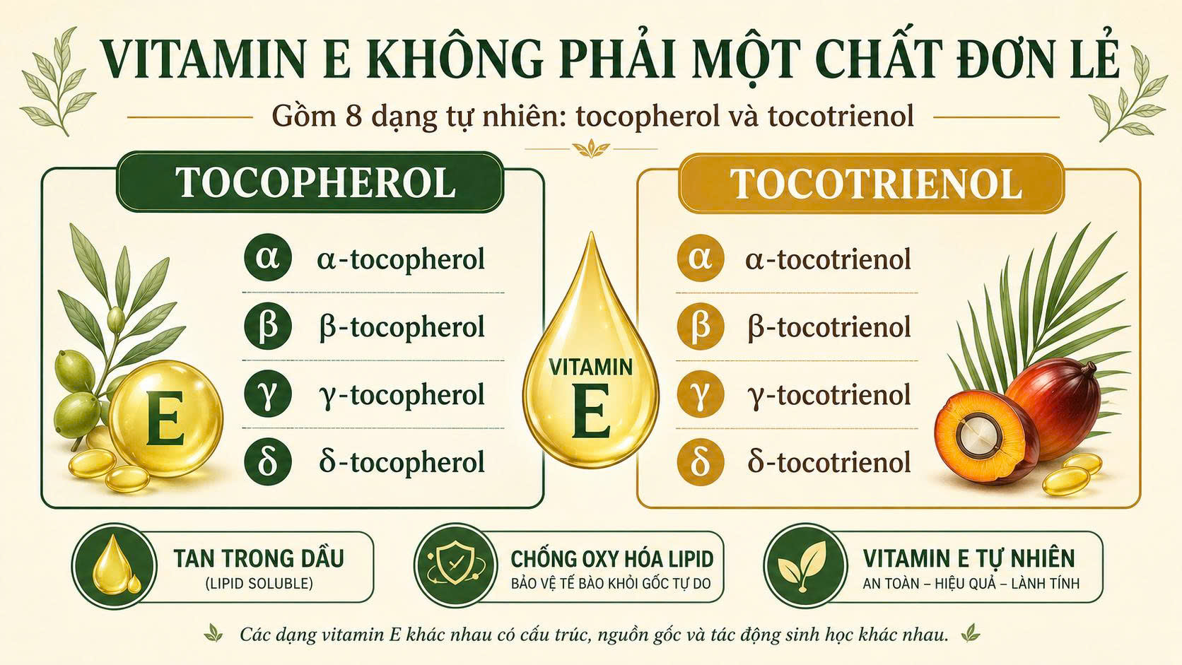 Infographic giải thích vitamin E không phải một chất đơn lẻ, gồm 8 dạng tự nhiên là alpha, beta, gamma, delta tocopherol và tocotrienol.
