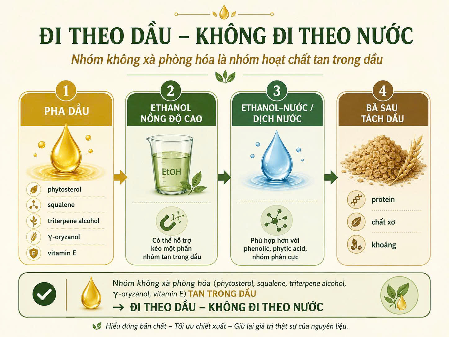 Sơ đồ cho thấy nhóm không xà phòng hóa như phytosterol, squalene, triterpene alcohol, gamma oryzanol và vitamin E chủ yếu đi theo pha dầu, không phải nhóm chính trong dịch nước hoặc bã sau tách dầu.