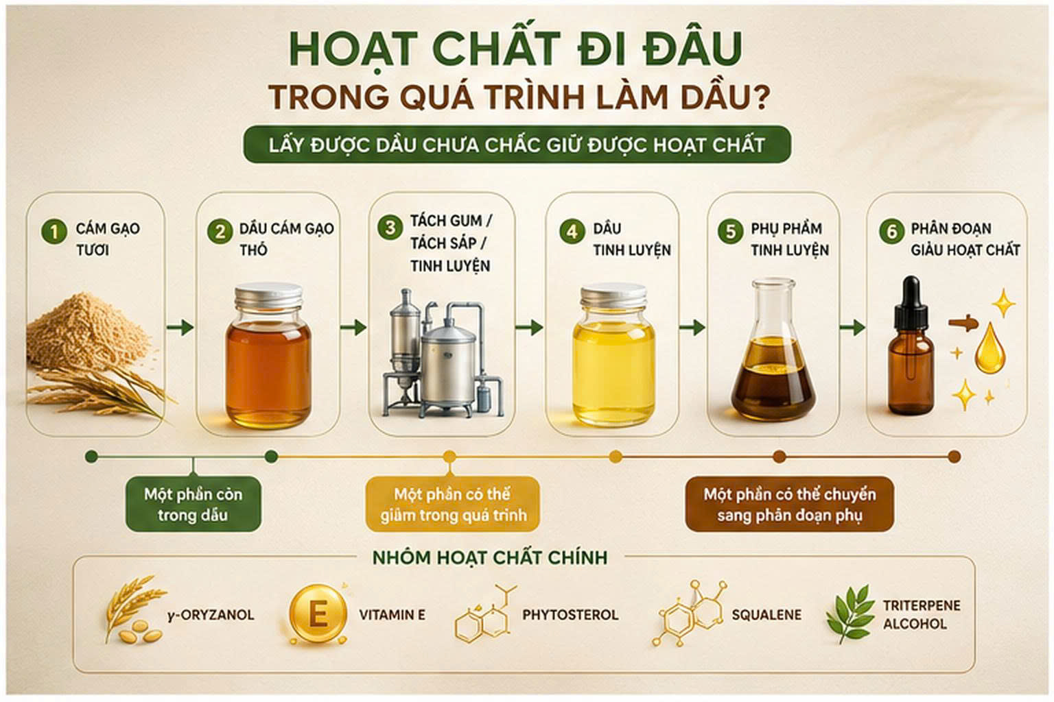 Sơ đồ hành trình của γ-oryzanol, vitamin E, phytosterol, squalene và triterpene alcohol từ cám gạo tươi qua dầu thô, tinh luyện, phụ phẩm và phân đoạn giàu hoạt chất.