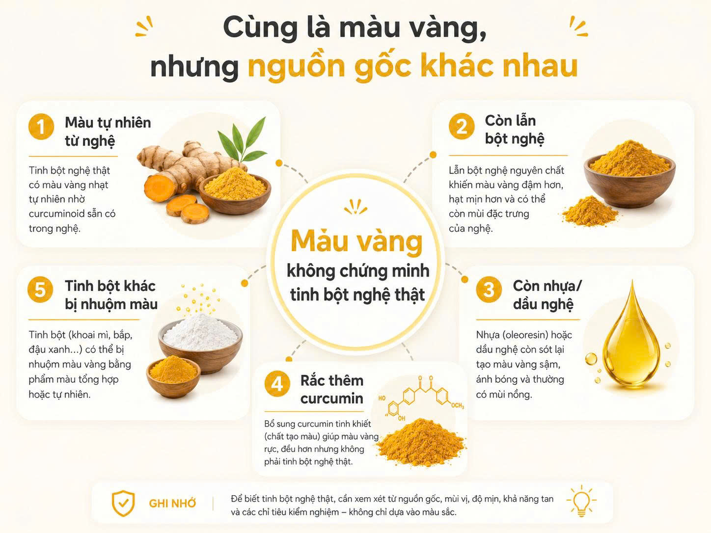 Infographic giải thích 5 nguồn tạo màu vàng trong tinh bột nghệ gồm màu tự nhiên, bột nghệ, nhựa dầu, curcumin và màu nhuộm.