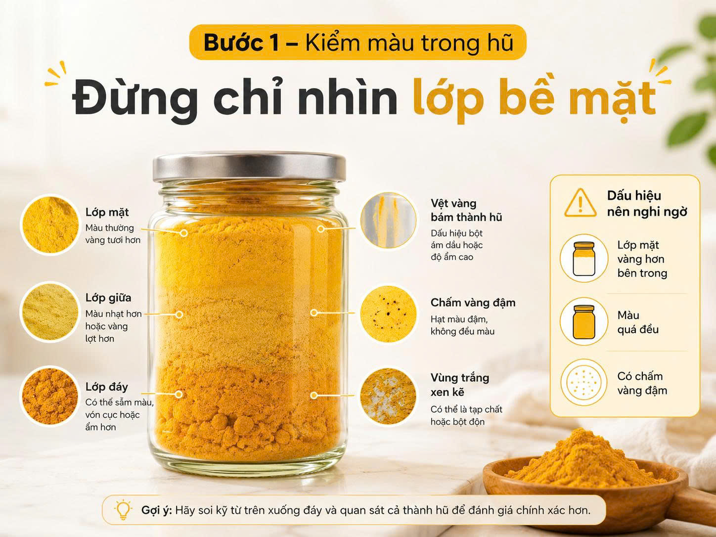 Hũ tinh bột nghệ được quan sát theo lớp mặt, lớp giữa, lớp đáy để phát hiện màu không đều, chấm vàng và vùng trắng xen kẽ.