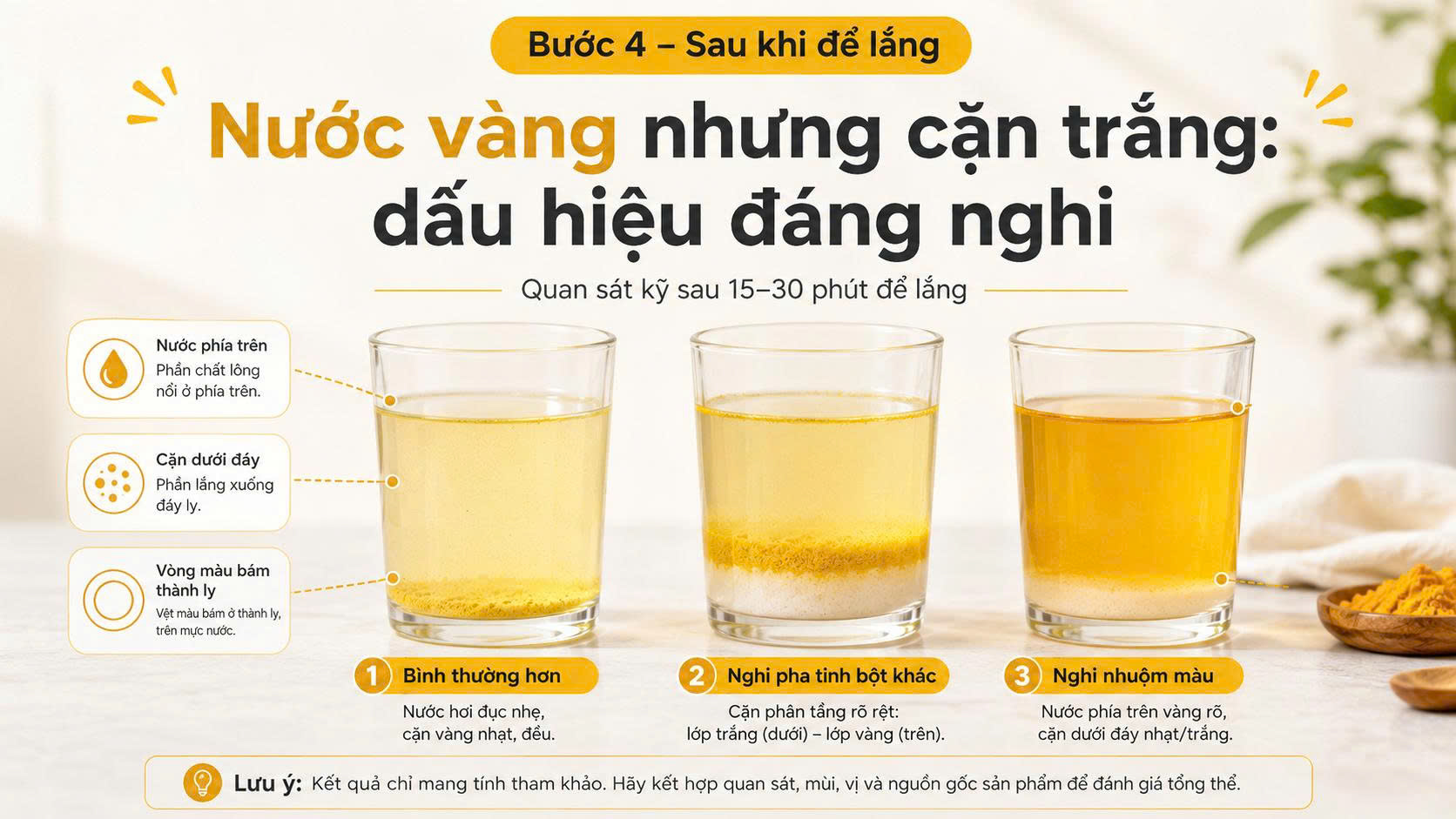 Ba ly nước tinh bột nghệ sau khi để lắng cho thấy trường hợp bình thường, nghi pha tinh bột khác và nghi nhuộm màu.