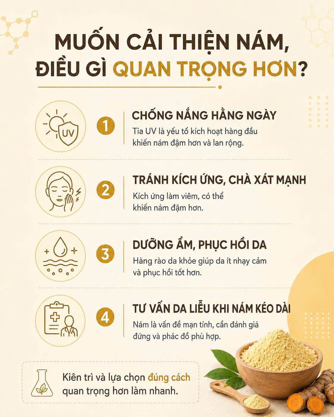 Các yếu tố quan trọng khi chăm sóc nám gồm chống nắng tránh kích ứng dưỡng ẩm phục hồi da và tư vấn da liễu