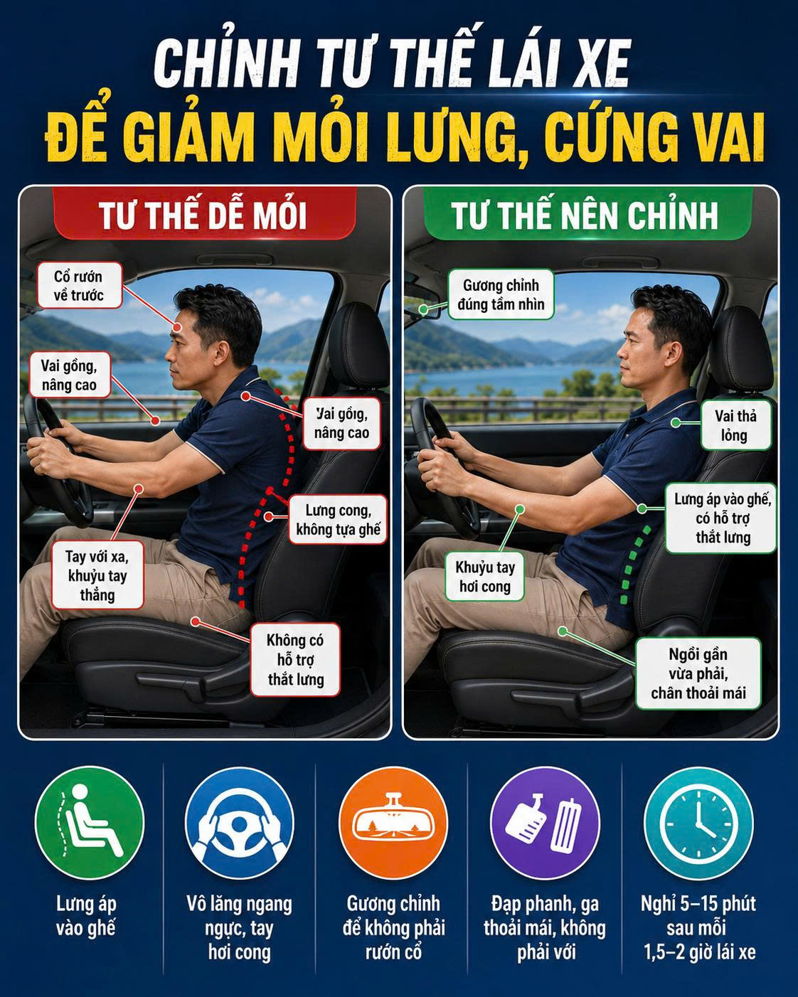 So sánh tư thế lái xe dễ gây mỏi và tư thế nên chỉnh để giảm mỏi lưng, cứng vai