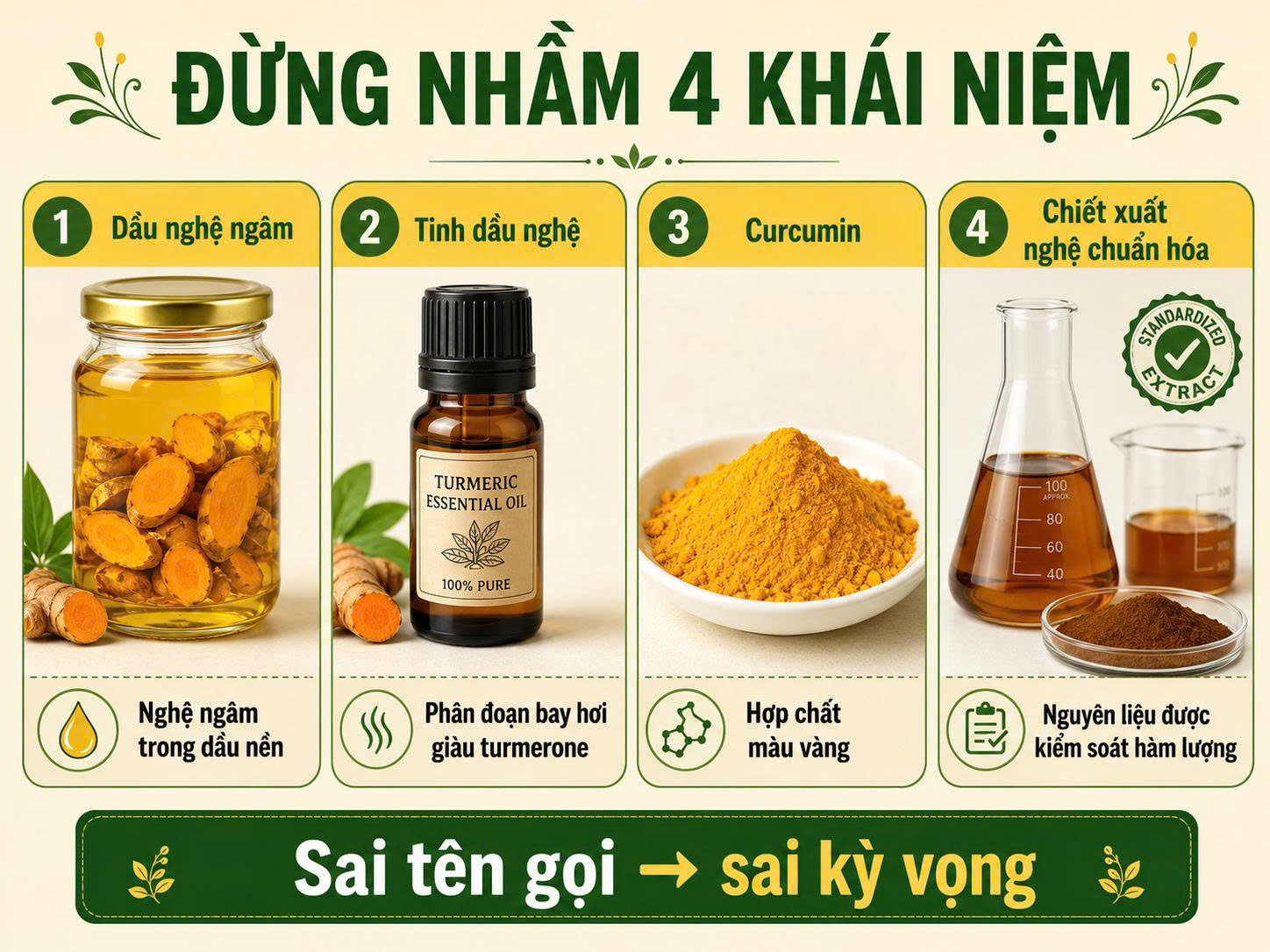 Infographic so sánh dầu nghệ ngâm, tinh dầu nghệ, curcumin và chiết xuất nghệ chuẩn hóa để tránh nhầm lẫn khi chăm sóc da.