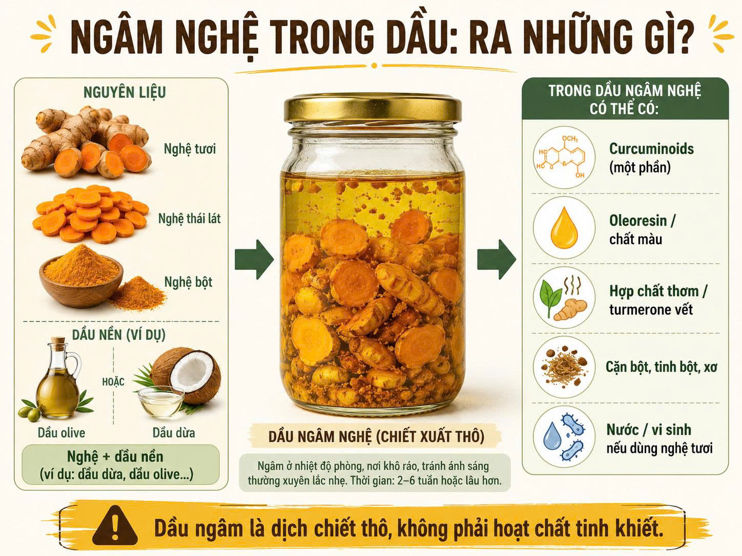 Infographic mô tả quá trình ngâm nghệ trong dầu nền và các thành phần có thể có trong dầu nghệ ngâm như curcuminoids, oleoresin, cặn bột và nước vi sinh.