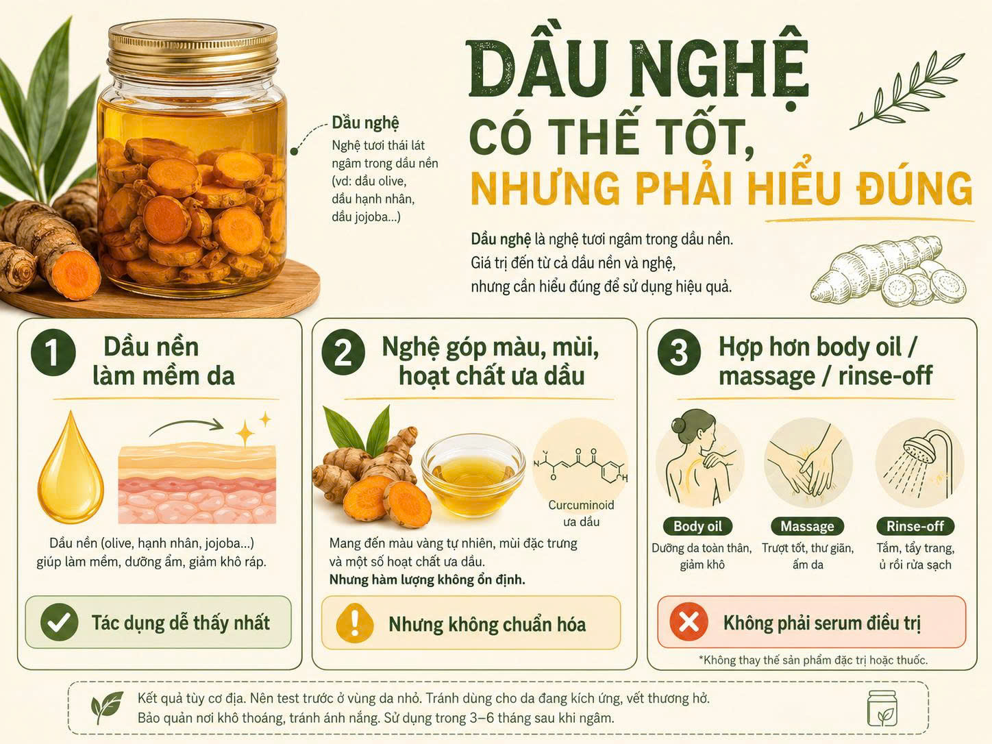 Infographic giải thích dầu nghệ ngâm có thể hỗ trợ làm mềm da nhờ dầu nền, mang màu mùi và hoạt chất ưa dầu từ nghệ nhưng không phải serum điều trị.