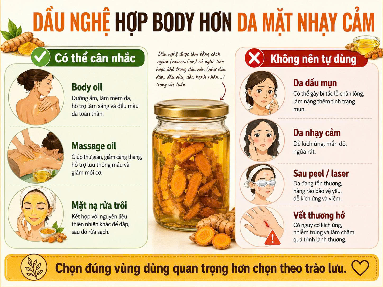 Infographic khuyến nghị dầu nghệ ngâm phù hợp hơn với body oil, massage oil hoặc mặt nạ rửa trôi và không nên tự dùng cho da dầu mụn, da nhạy cảm, sau peel laser hoặc vết thương hở.