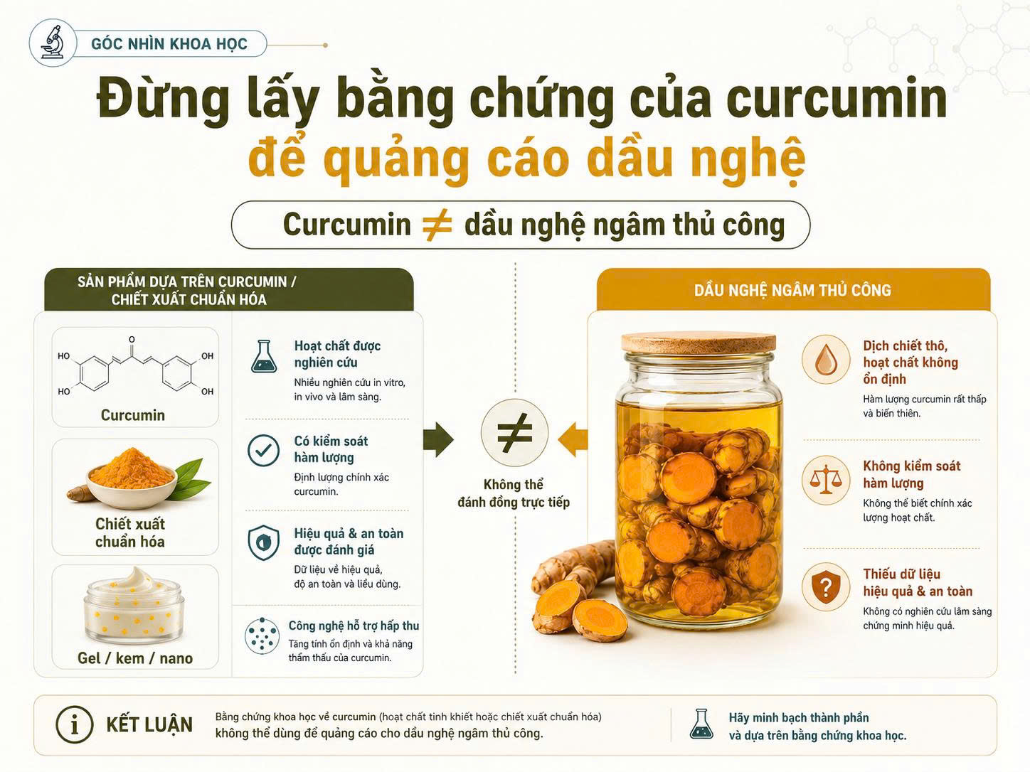 Infographic so sánh curcumin, chiết xuất nghệ chuẩn hóa và gel kem nano với dầu nghệ ngâm thủ công để cảnh báo không thể đánh đồng bằng chứng khoa học.