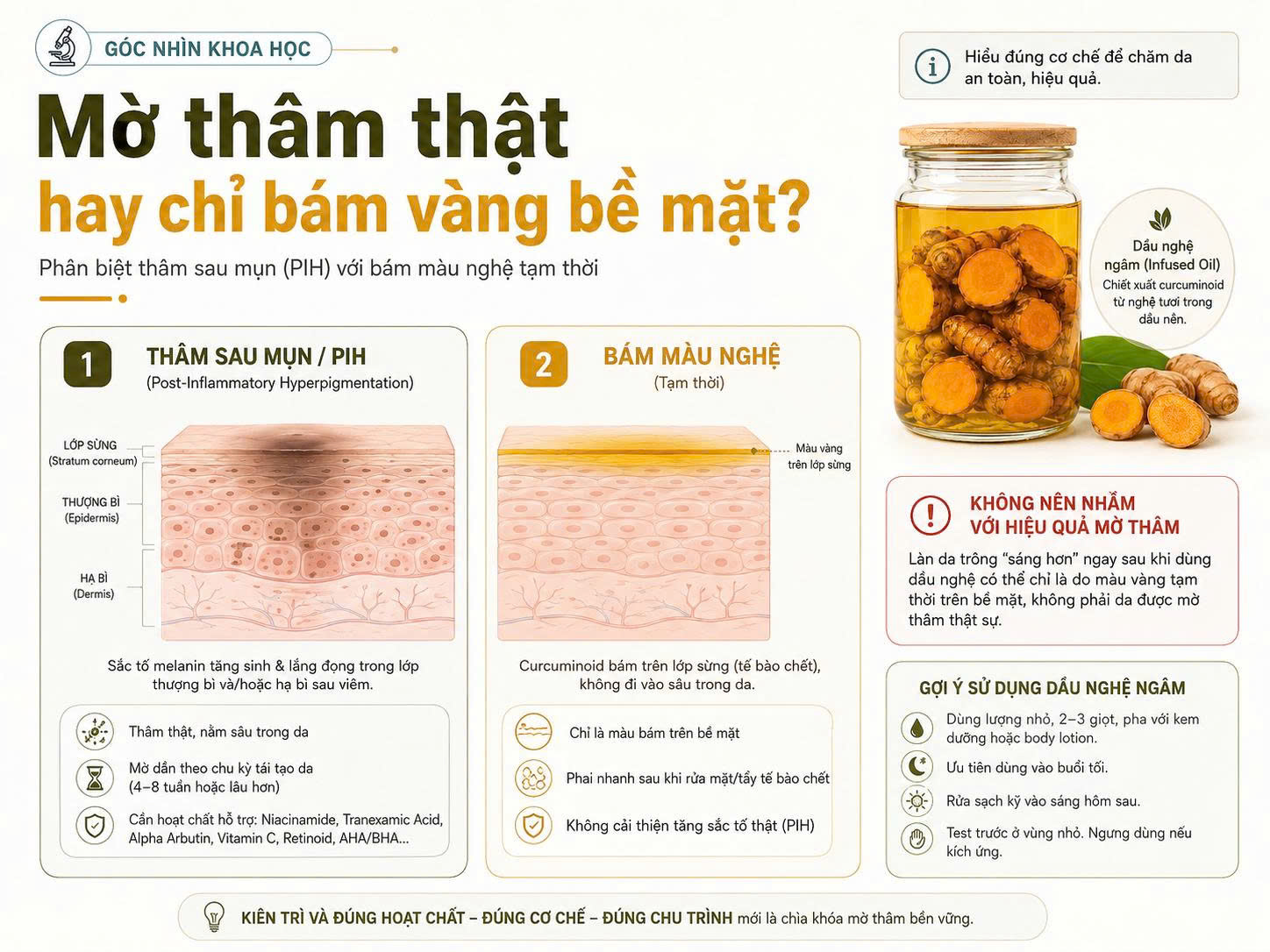 Infographic phân biệt thâm sau mụn với hiện tượng bám màu vàng tạm thời của dầu nghệ ngâm trên lớp sừng da.