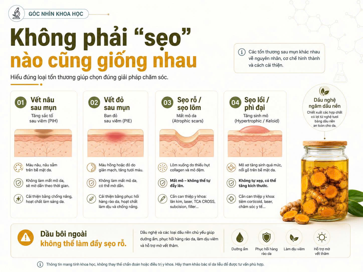 Infographic phân biệt vết nâu sau mụn, vết đỏ sau mụn, sẹo rỗ sẹo lõm và sẹo lồi để giải thích vì sao dầu bôi ngoài không thể làm đầy sẹo rỗ.