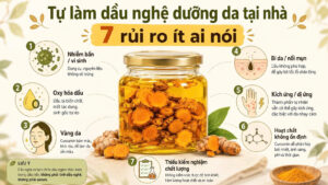 Hũ nghệ thái lát ngâm trong dầu nền cùng 7 biểu tượng cảnh báo về nhiễm bẩn, oxy hóa, vàng da, bí da, kích ứng, hoạt chất không ổn định và thiếu kiểm nghiệm.