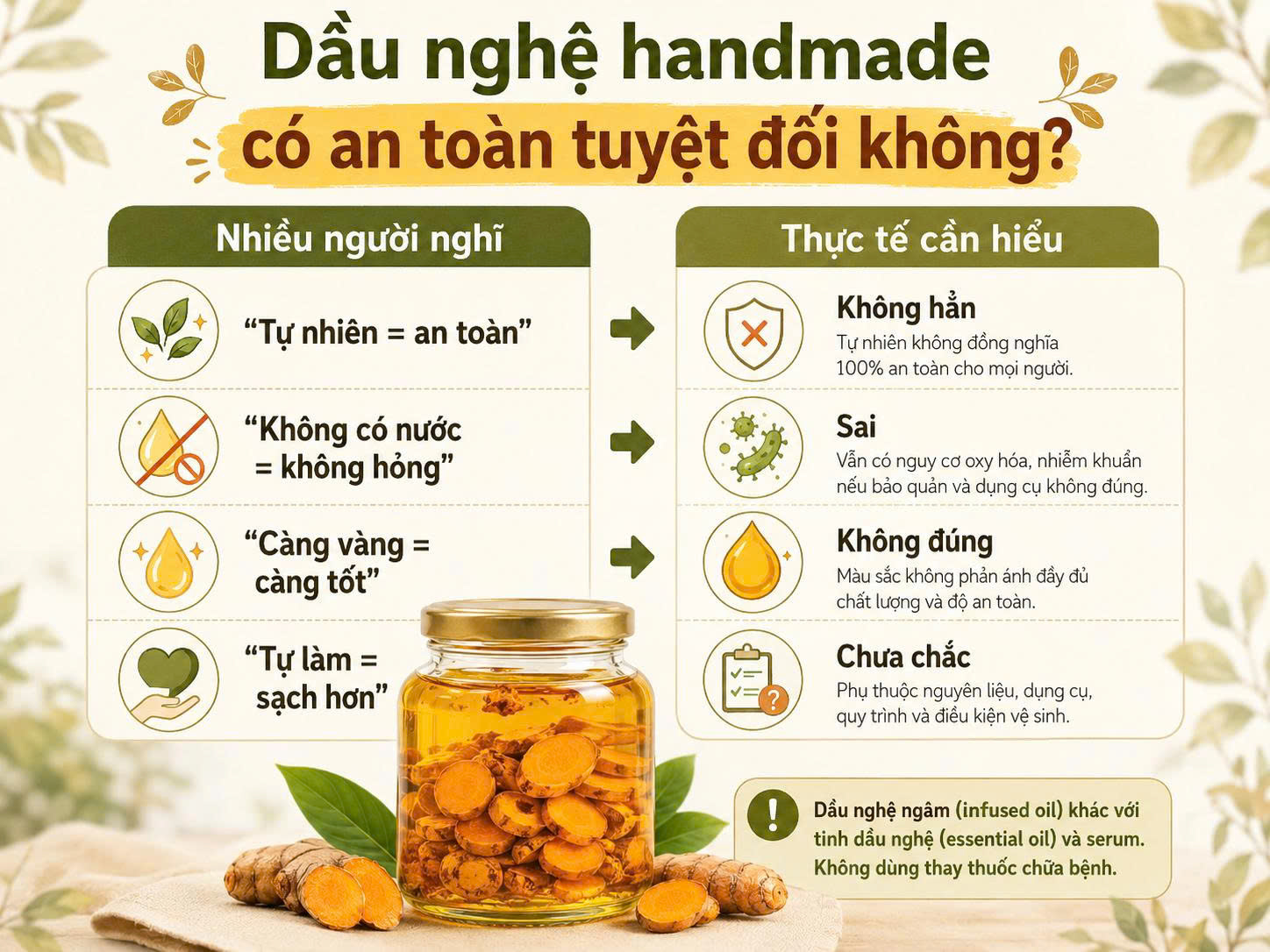 Infographic đối chiếu những quan niệm phổ biến và thực tế khoa học về độ an toàn của dầu nghệ handmade.