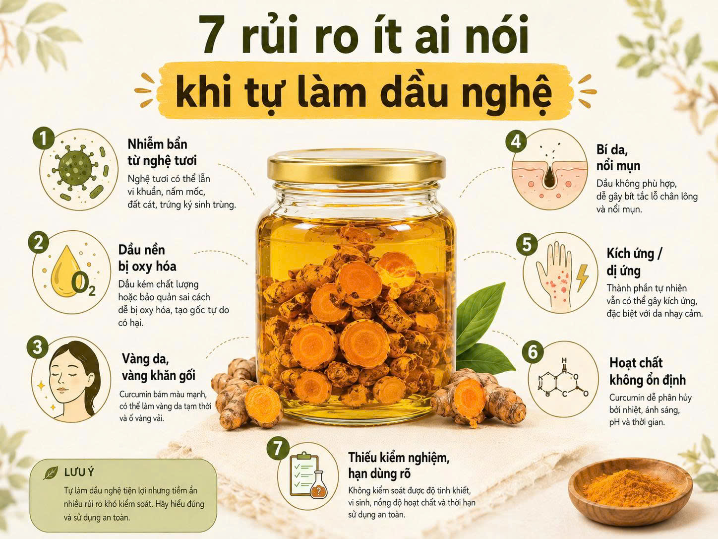 Infographic 7 rủi ro khi tự làm dầu nghệ gồm nhiễm bẩn, oxy hóa dầu, vàng da, bí da, kích ứng, hoạt chất không ổn định và thiếu kiểm nghiệm.