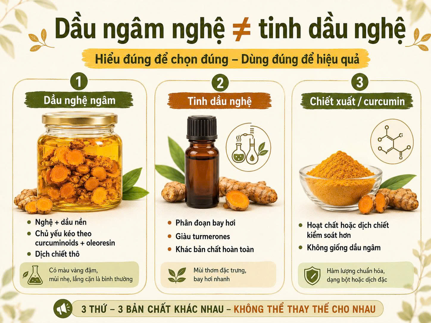 Infographic so sánh dầu nghệ ngâm, tinh dầu nghệ và chiết xuất hoặc curcumin về nguyên liệu, thành phần và bản chất sản phẩm.