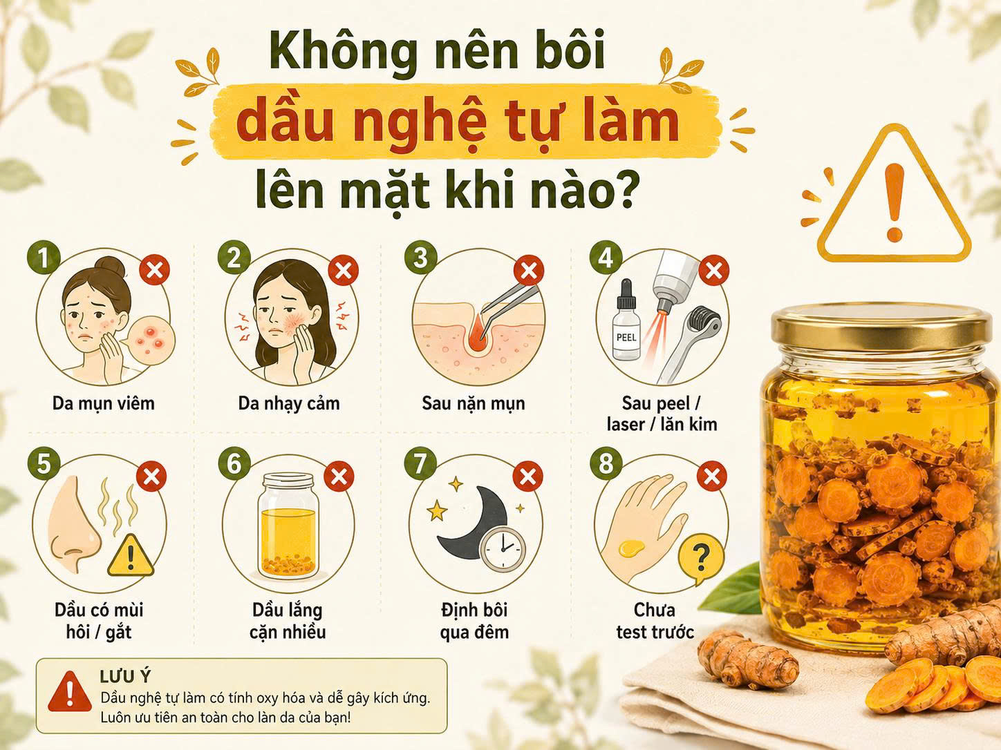 Checklist các trường hợp không nên bôi dầu nghệ tự làm lên mặt gồm da mụn viêm, da nhạy cảm, sau nặn mụn, sau peel laser, dầu hôi, nhiều cặn, bôi qua đêm và chưa thử trước.
