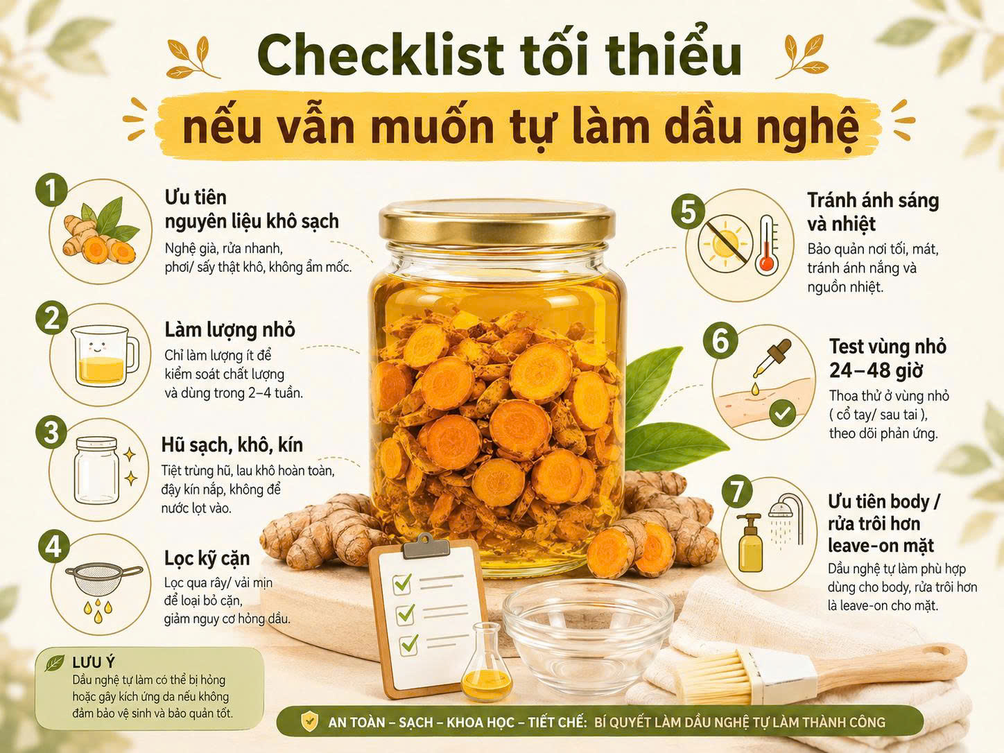 Checklist sử dụng dầu nghệ tự làm thận trọng gồm nguyên liệu khô sạch, làm lượng nhỏ, hũ khô kín, lọc cặn, tránh nhiệt sáng, thử da và ưu tiên dùng cho body.