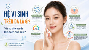 Hệ vi sinh trên da là gì, minh họa làn da khỏe với hệ vi sinh tự nhiên, hàng rào bảo vệ da, pH hơi acid và làm sạch dịu nhẹ