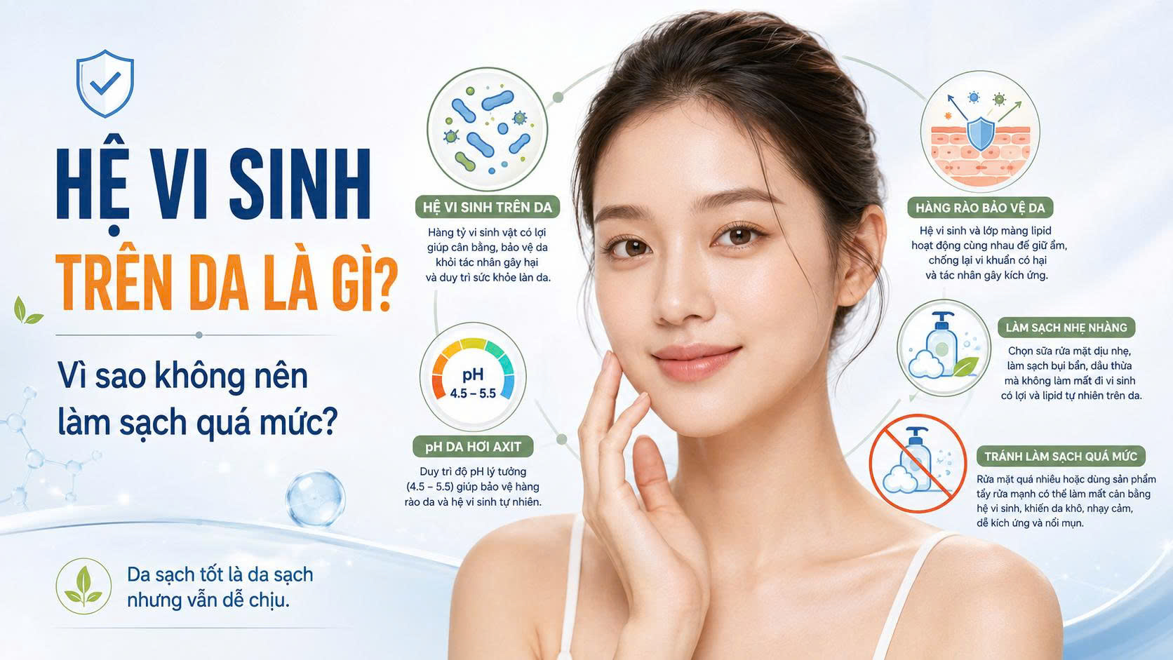 Hệ vi sinh trên da là gì, minh họa làn da khỏe với hệ vi sinh tự nhiên, hàng rào bảo vệ da, pH hơi acid và làm sạch dịu nhẹ