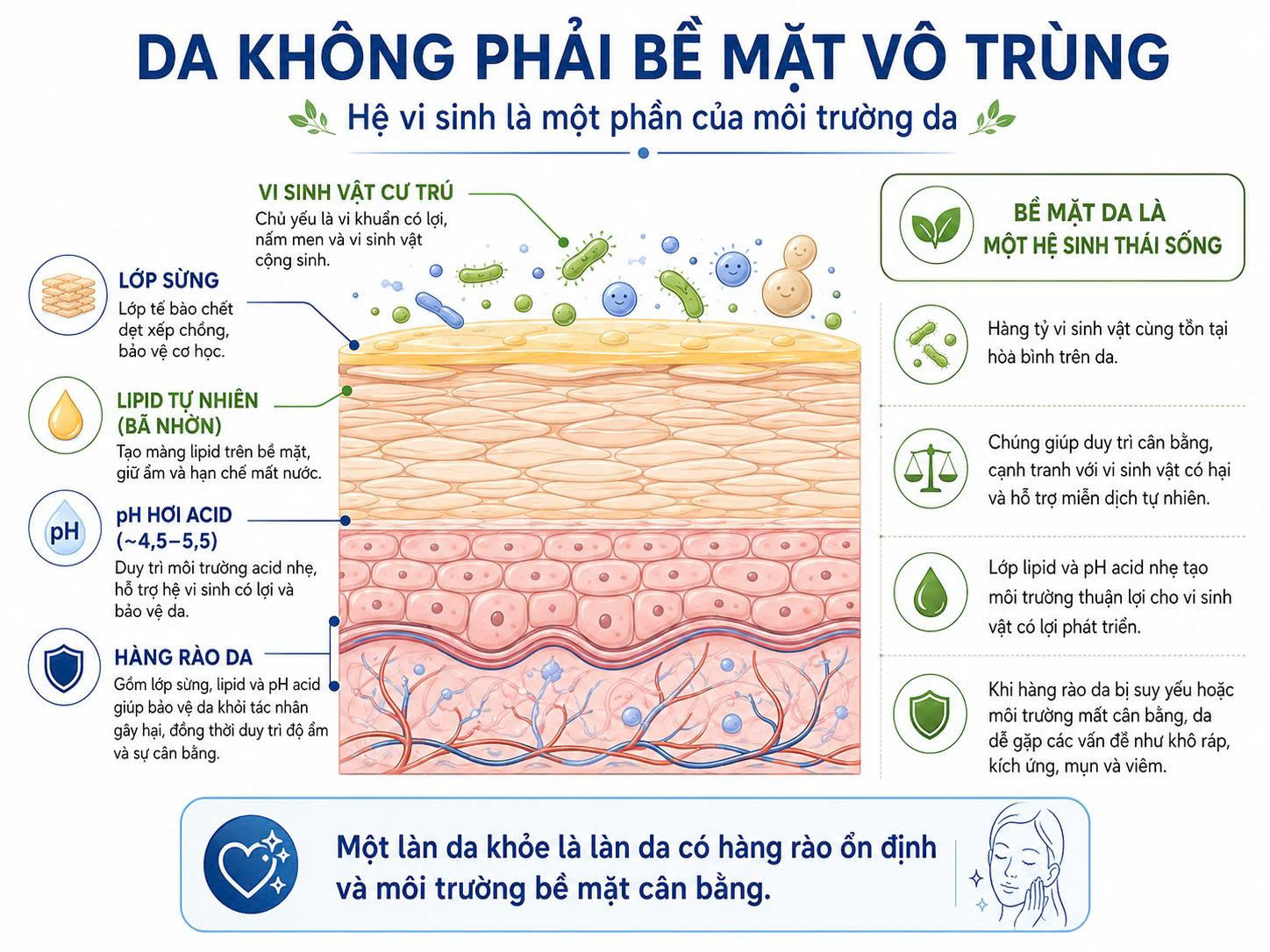 Da không phải bề mặt vô trùng, minh họa lớp sừng, lipid tự nhiên, pH hơi acid, hàng rào da và hệ vi sinh cư trú trên bề mặt da