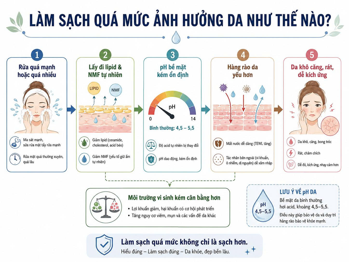 Sơ đồ làm sạch quá mức ảnh hưởng da qua các bước rửa quá mạnh, mất lipid và NMF, pH bề mặt kém ổn định, hàng rào da yếu và da khô căng dễ kích ứng