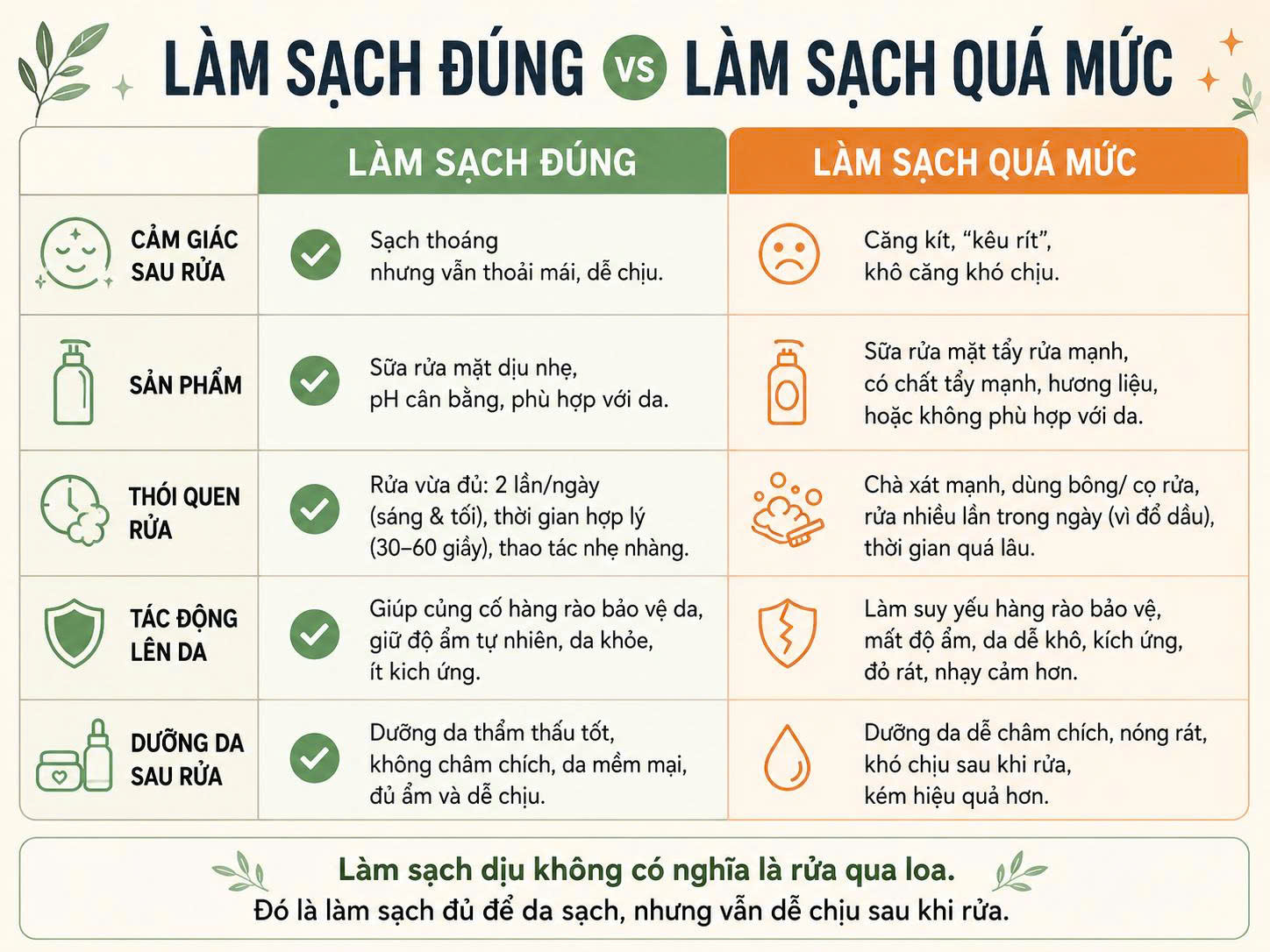 Bảng so sánh làm sạch đúng và làm sạch quá mức, gồm cảm giác sau rửa, sản phẩm, thói quen rửa, tác động lên da và dưỡng da sau rửa