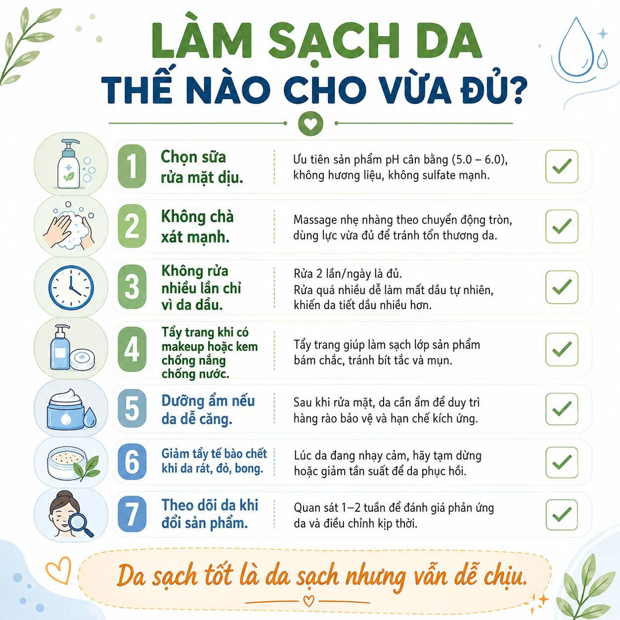 Checklist làm sạch da vừa đủ gồm chọn sữa rửa mặt dịu, không chà xát mạnh, không rửa nhiều lần vì da dầu, tẩy trang khi cần, dưỡng ẩm và theo dõi da khi đổi sản phẩm