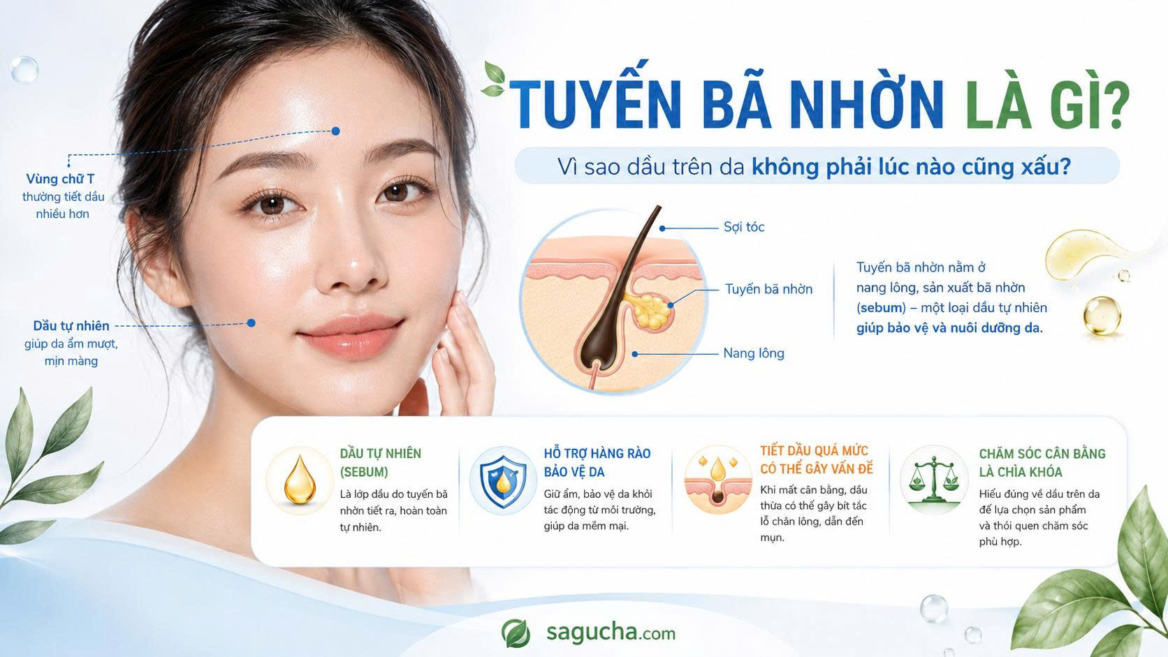 Tuyến bã nhờn là gì, minh họa gương mặt có vùng chữ T hơi bóng dầu, tuyến bã nhờn, sebum và vai trò dầu tự nhiên trên da