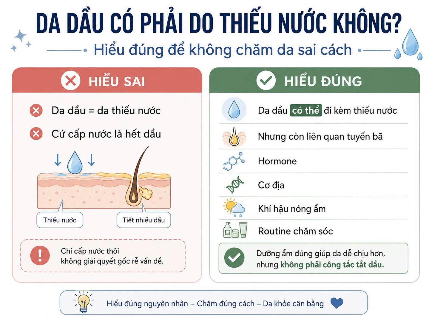 Infographic hiểu sai và hiểu đúng về da dầu thiếu nước, giải thích da dầu có thể đi kèm thiếu nước nhưng còn liên quan tuyến bã, hormone, cơ địa, khí hậu và routine chăm sóc