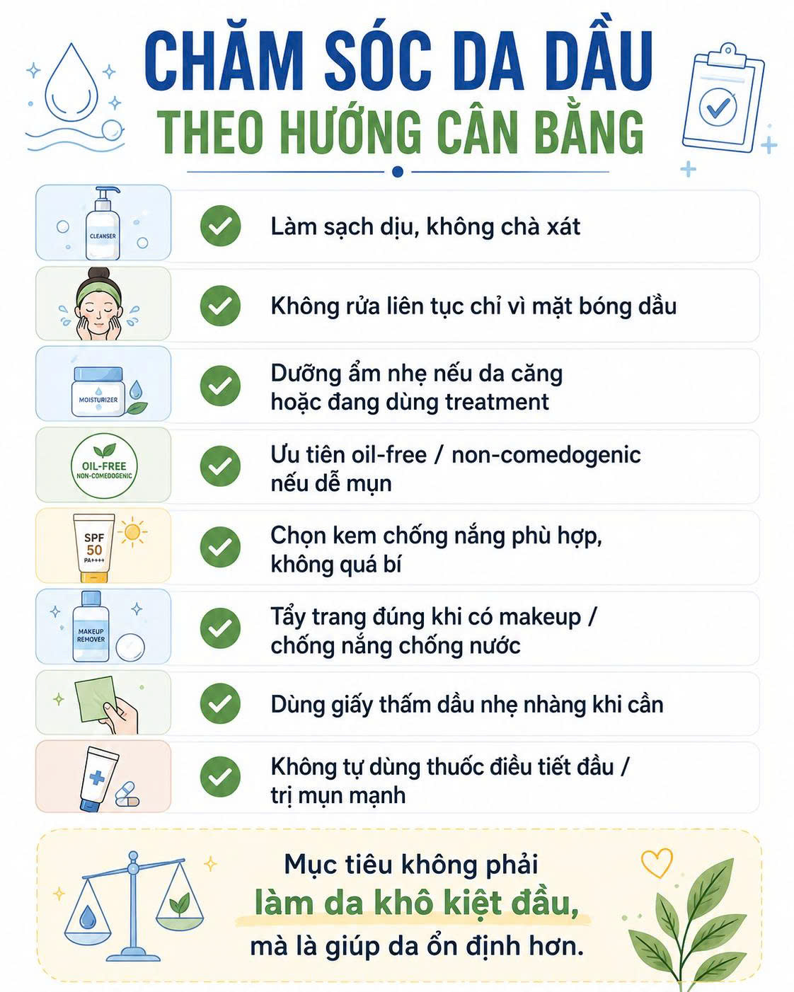 Checklist chăm sóc da dầu theo hướng cân bằng gồm làm sạch dịu, không rửa liên tục, dưỡng ẩm nhẹ, chọn oil-free non-comedogenic, chống nắng phù hợp và không tự dùng thuốc trị mụn mạnh