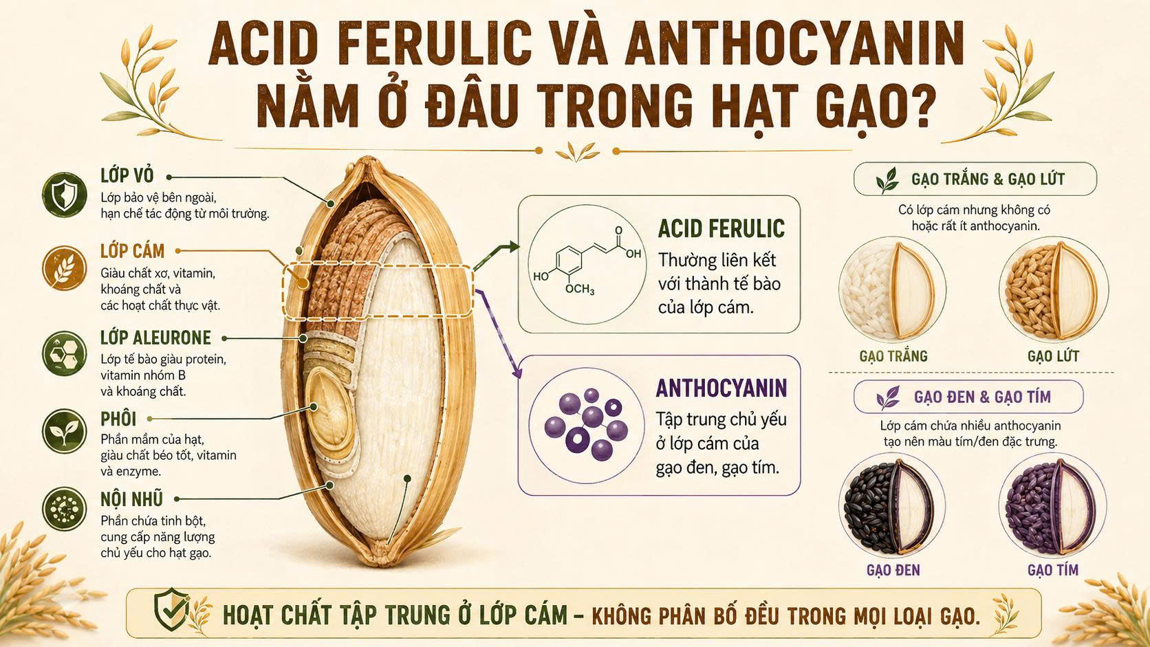 Mặt cắt hạt gạo cho thấy acid ferulic thường liên kết với thành tế bào lớp cám, còn anthocyanin tập trung ở cám gạo đen và gạo tím.