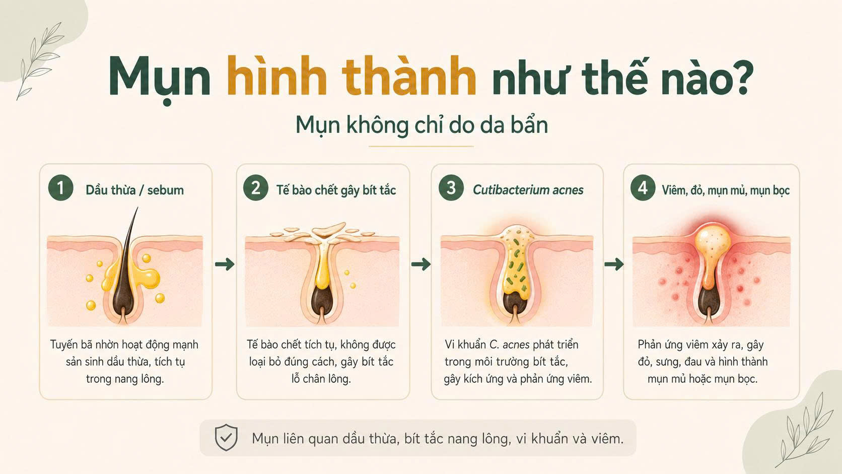Sơ đồ mụn hình thành do dầu thừa bít tắc lỗ chân lông vi khuẩn Cutibacterium acnes và viêm