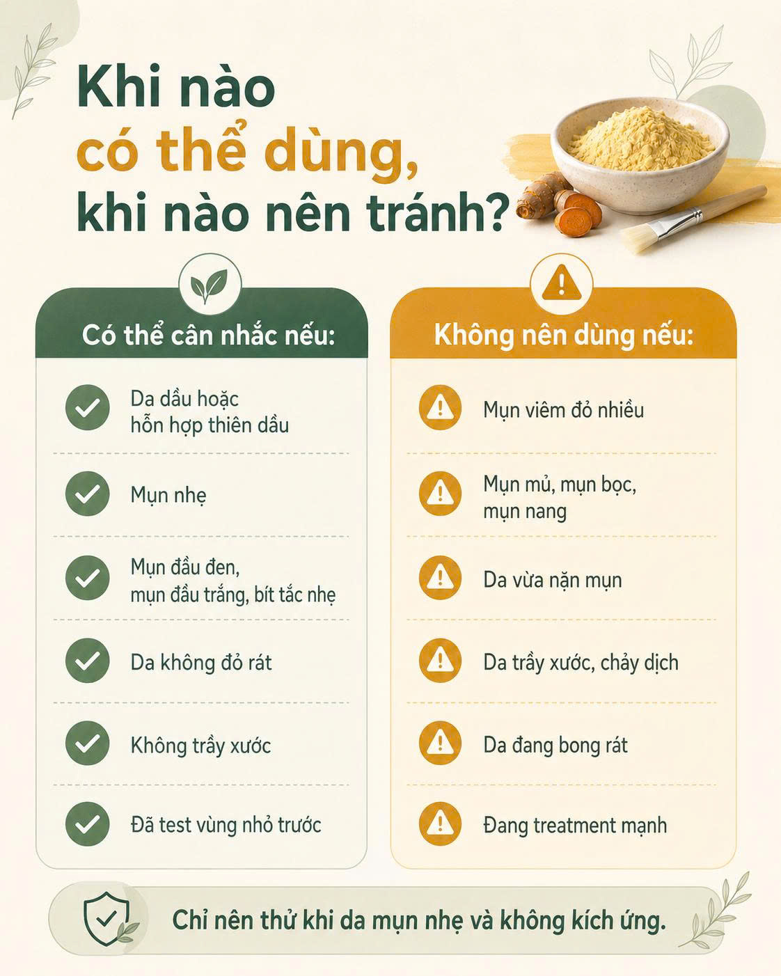 Các trường hợp da mụn nhẹ có thể cân nhắc đắp tinh bột nghệ và các trường hợp nên tránh
