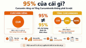 Curcumin 95% và tổng Curcuminoids 95% là hai chỉ tiêu khác nhau, cần xác định rõ CUR riêng hay tổng CUR, DMC và BDMC
