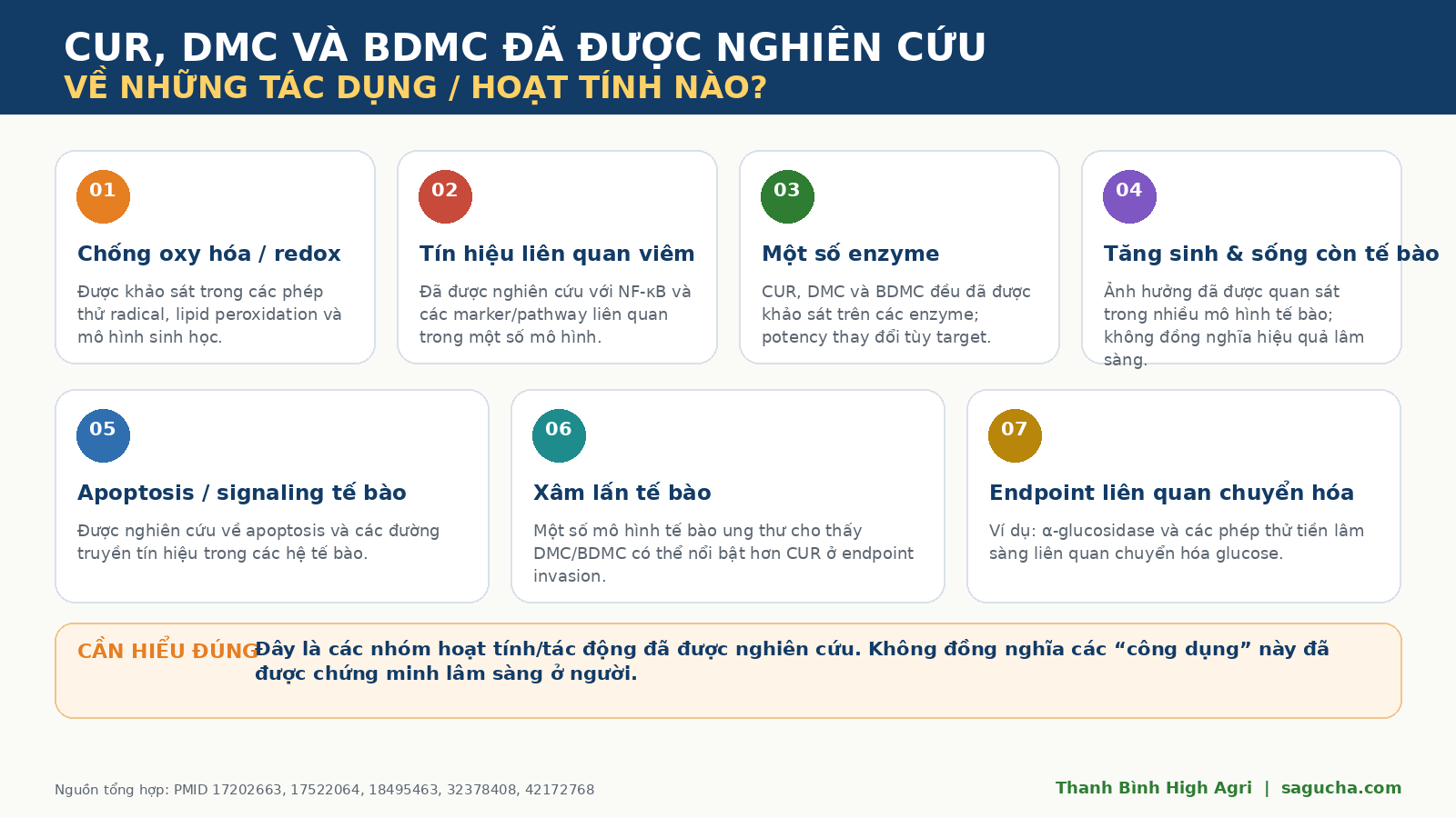 các nhóm tác dụng và hoạt tính đã được nghiên cứu của CUR, DMC và BDMC
