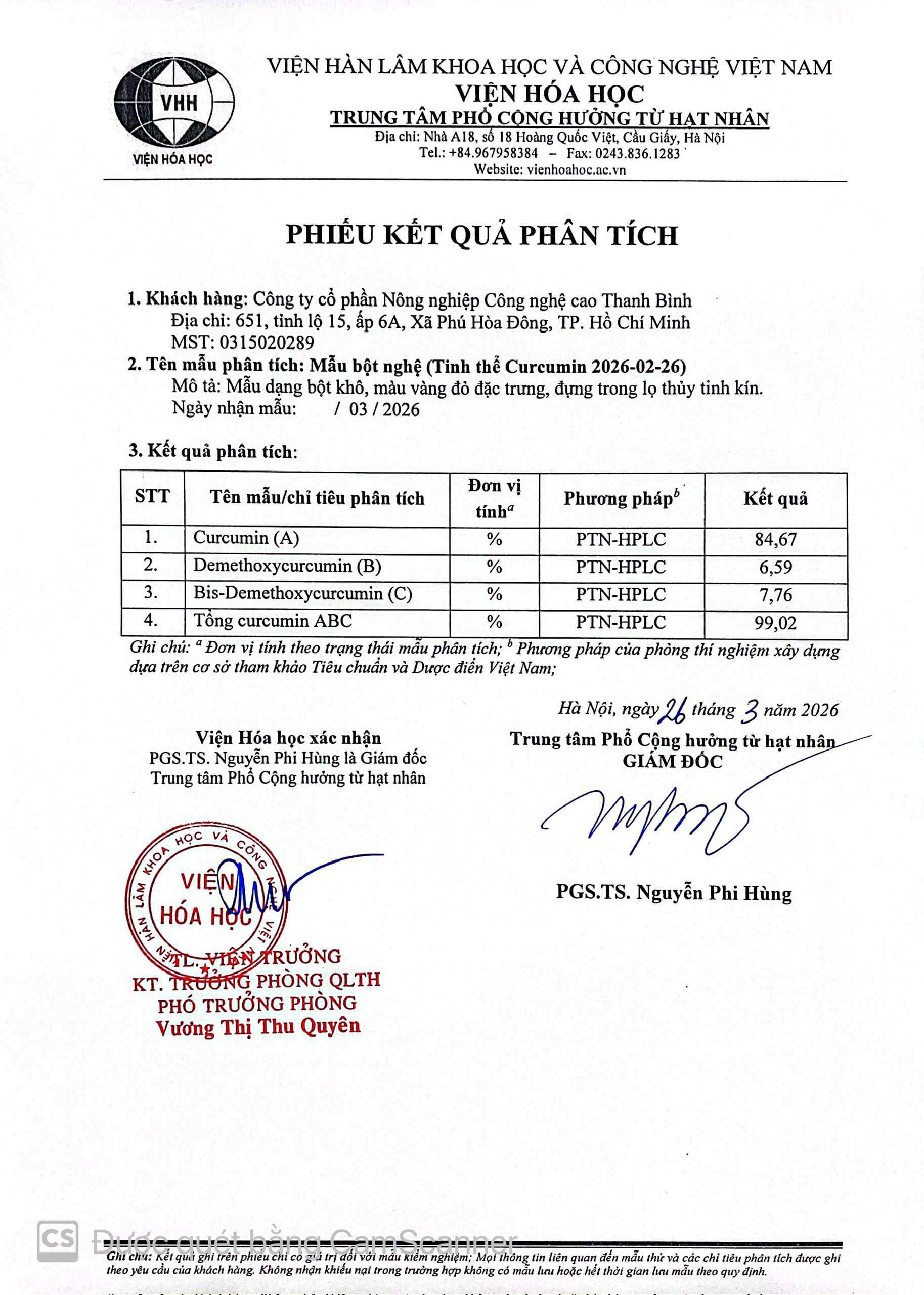 Kết quả kiểm HPLC của curcuminoids của Công Ty CP NN CNC Thanh Bình