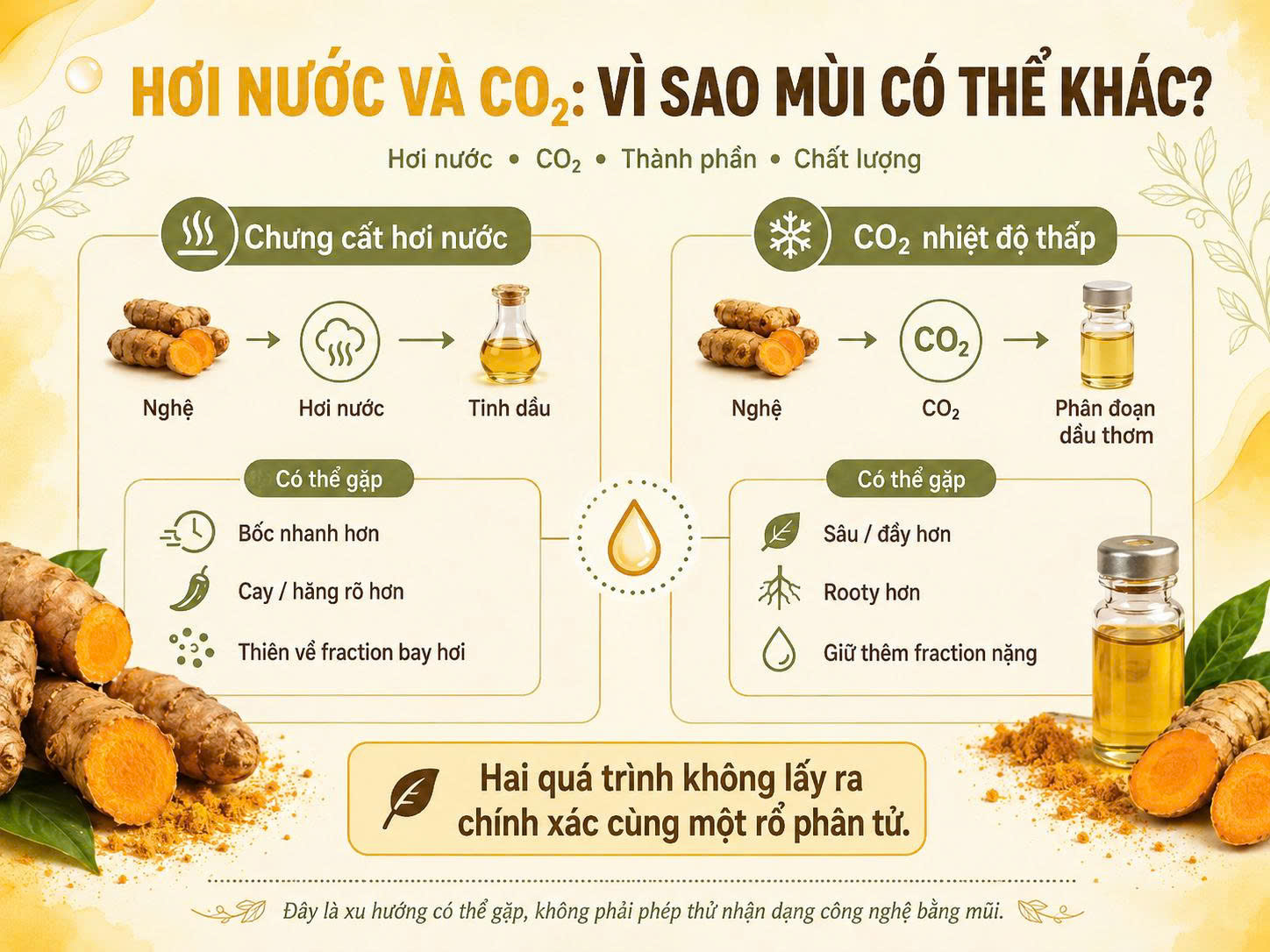Infographic so sánh chưng cất hơi nước và CO₂ nhiệt độ thấp để giải thích vì sao hai phương pháp thu nhận nghệ có thể tạo profile mùi khác nhau.