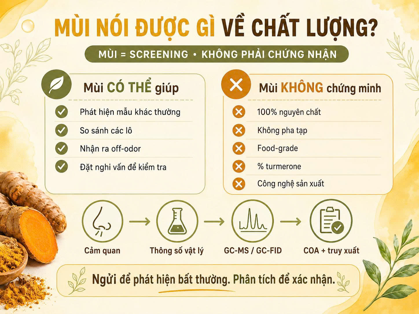 Infographic cho thấy mùi tinh dầu nghệ có thể dùng để sàng lọc cảm quan nhưng không chứng minh độ nguyên chất, food-grade, hàm lượng turmerone hay công nghệ sản xuất.