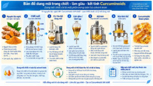 Bản đồ dung môi trong sản xuất Curcuminoids từ nghệ qua các bước chiết xuất, cô dung môi, làm giàu, kết tinh, rửa tinh thể và thành phẩm.